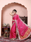 Pink Bandhani Saree with White Embroidered Floral Border
