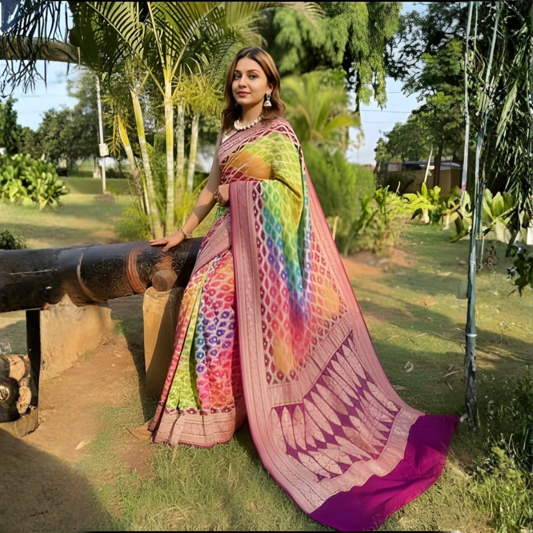 Khaddi Georgette Bandhani Neemzari Saree