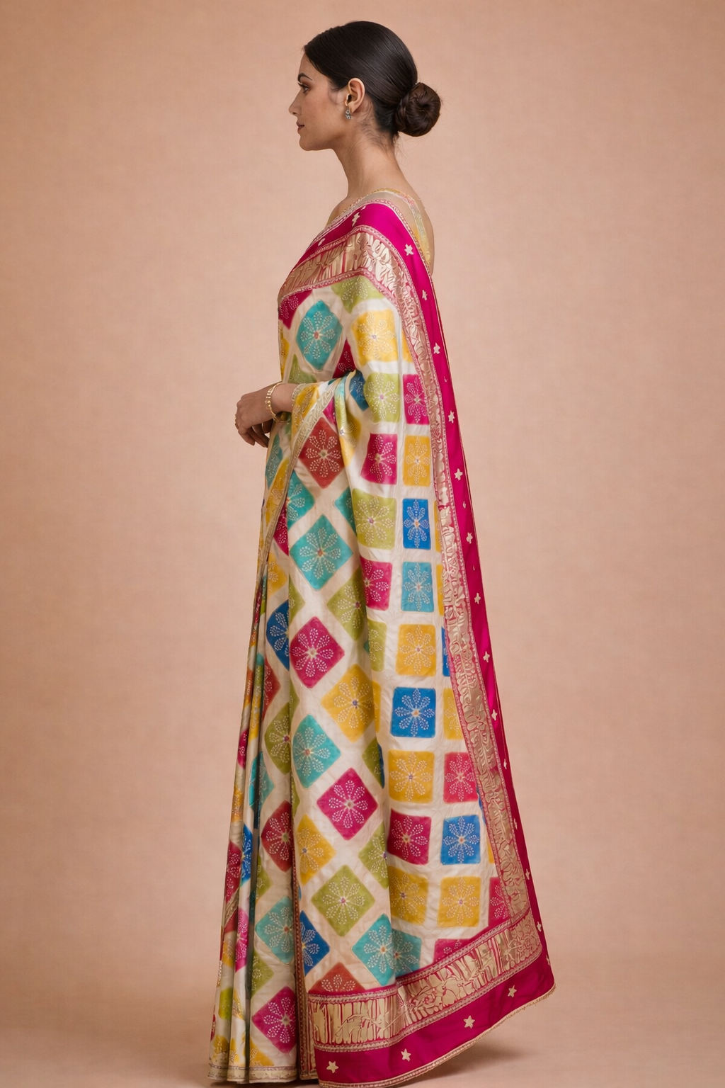 Modal Gajji Bandhani Saree with Kacchi Gota Work Side