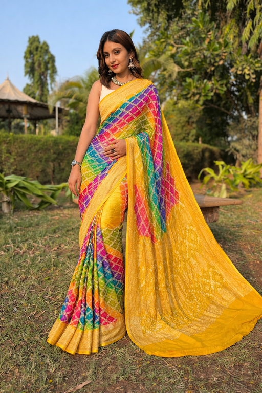 Khaddi Georgette Bandhani Saree with Neemjari Work front