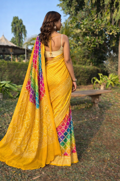 Khaddi Georgette Bandhani Saree with Neemjari Work Back