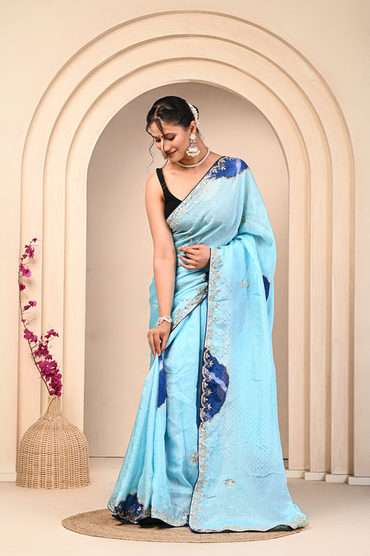 Blue Firozi HO Silk Jacquard Saree with Gota Patti Work and Contrast Pallu