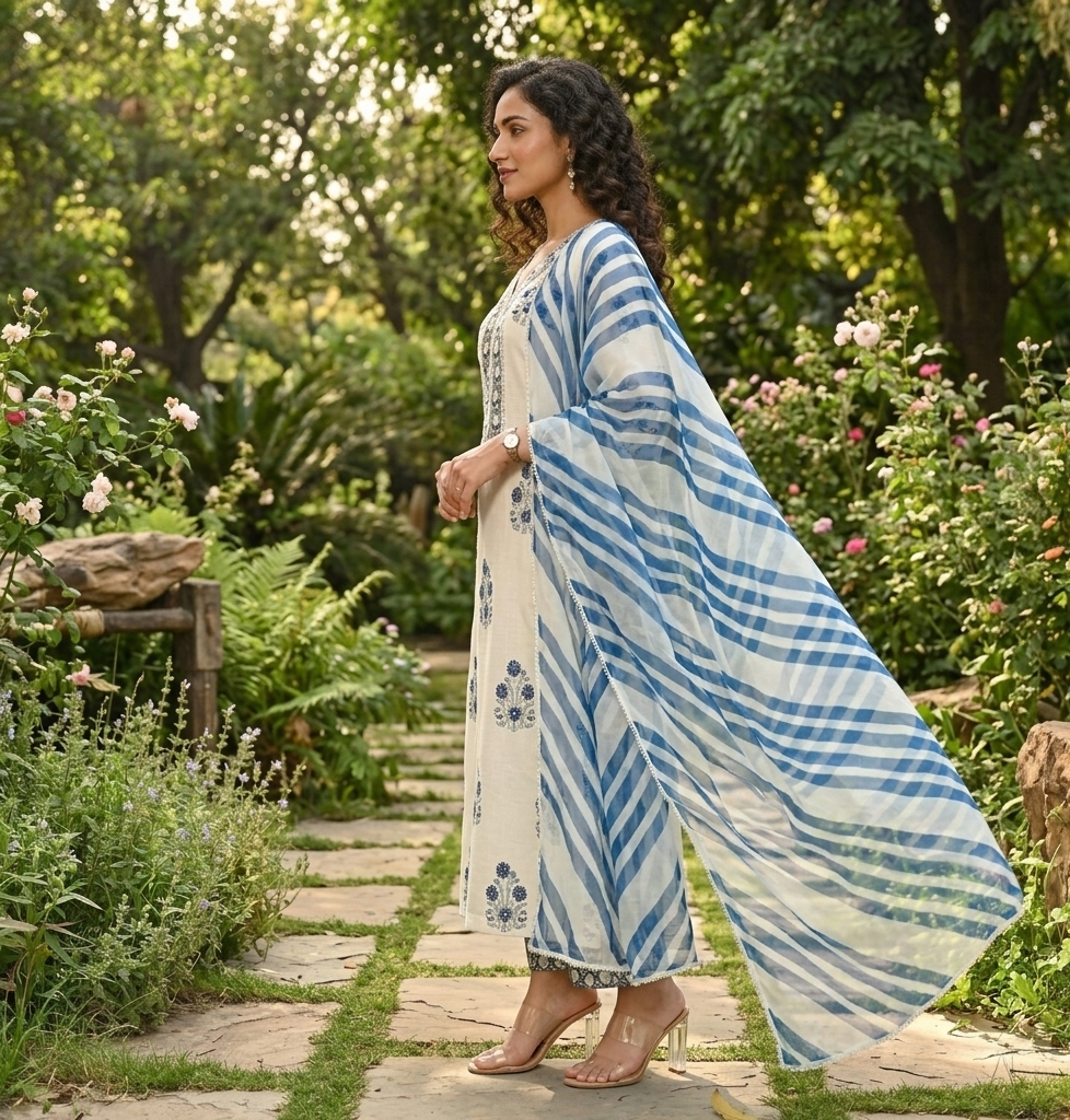 Elegant Ivory Cotton Kurta Set with Blue Printed Dupatta