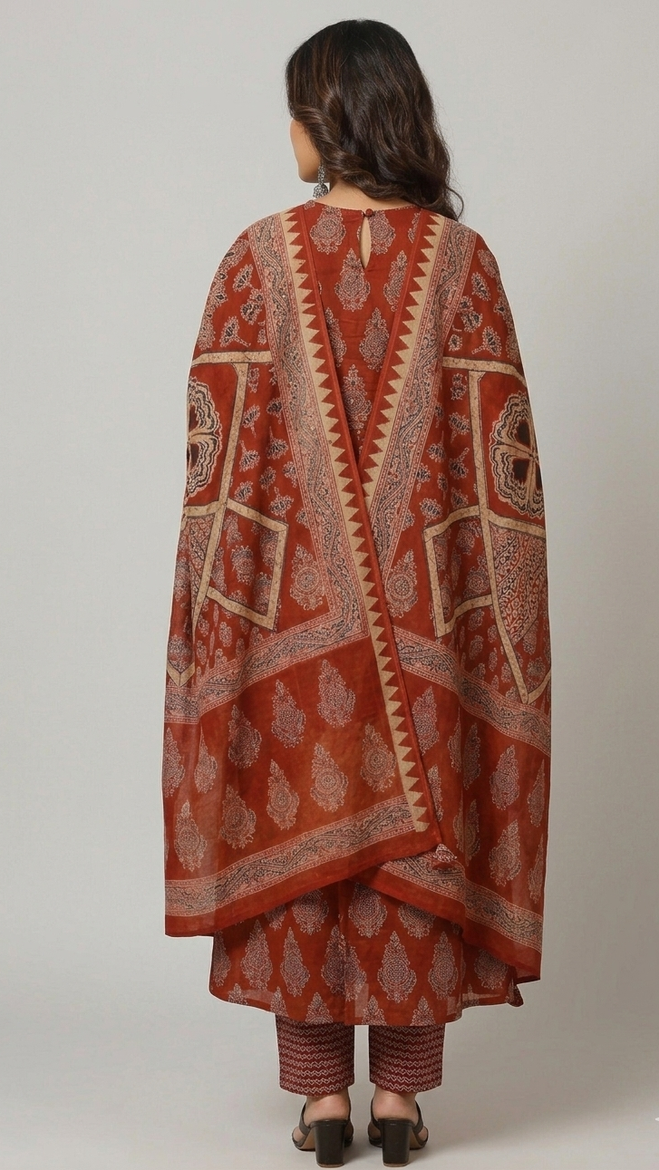 Royal Rust Printed Kurta Set with Traditional Dupatta