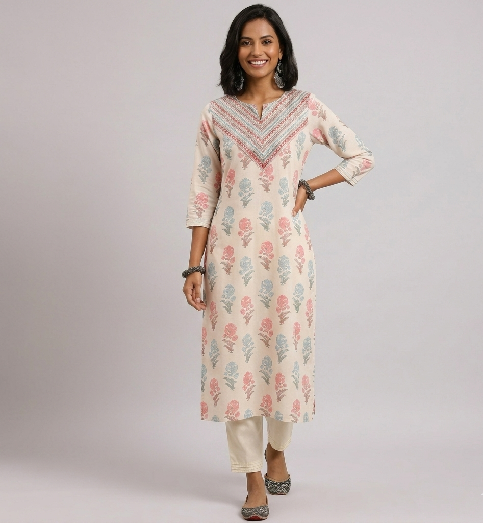 Elegant Ivory Floral Printed Kurta Set