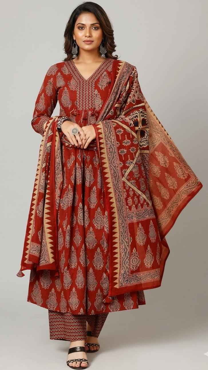 Royal Rust Printed Kurta Set with Traditional Dupatta