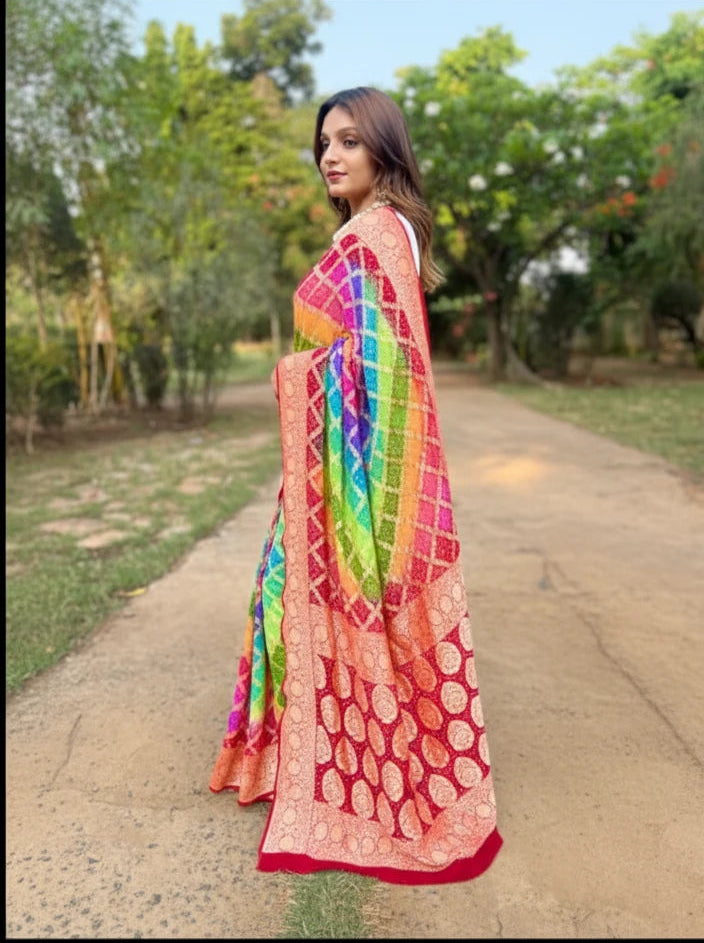 neemzari work bandhani saree
