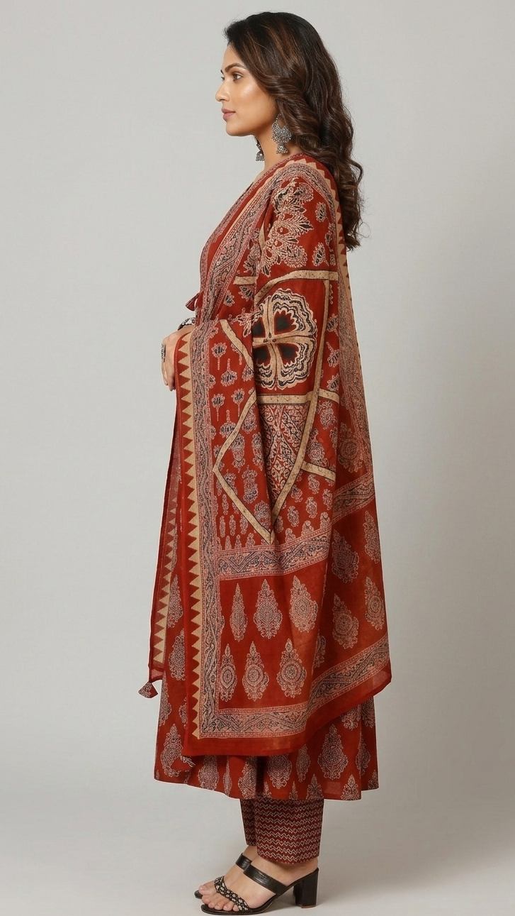 Royal Rust Printed Kurta Set with Traditional Dupatta