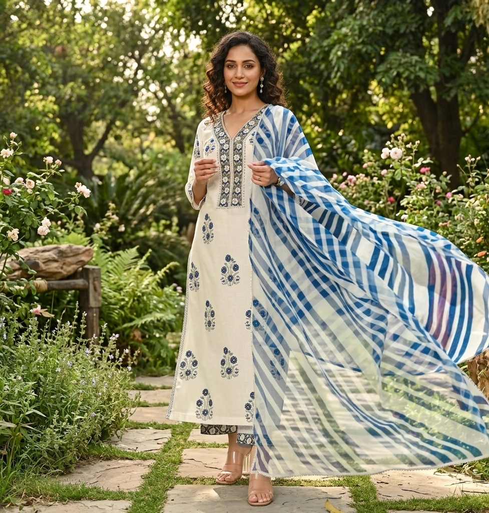 Elegant Ivory Cotton Kurta Set with Blue Printed Dupatta