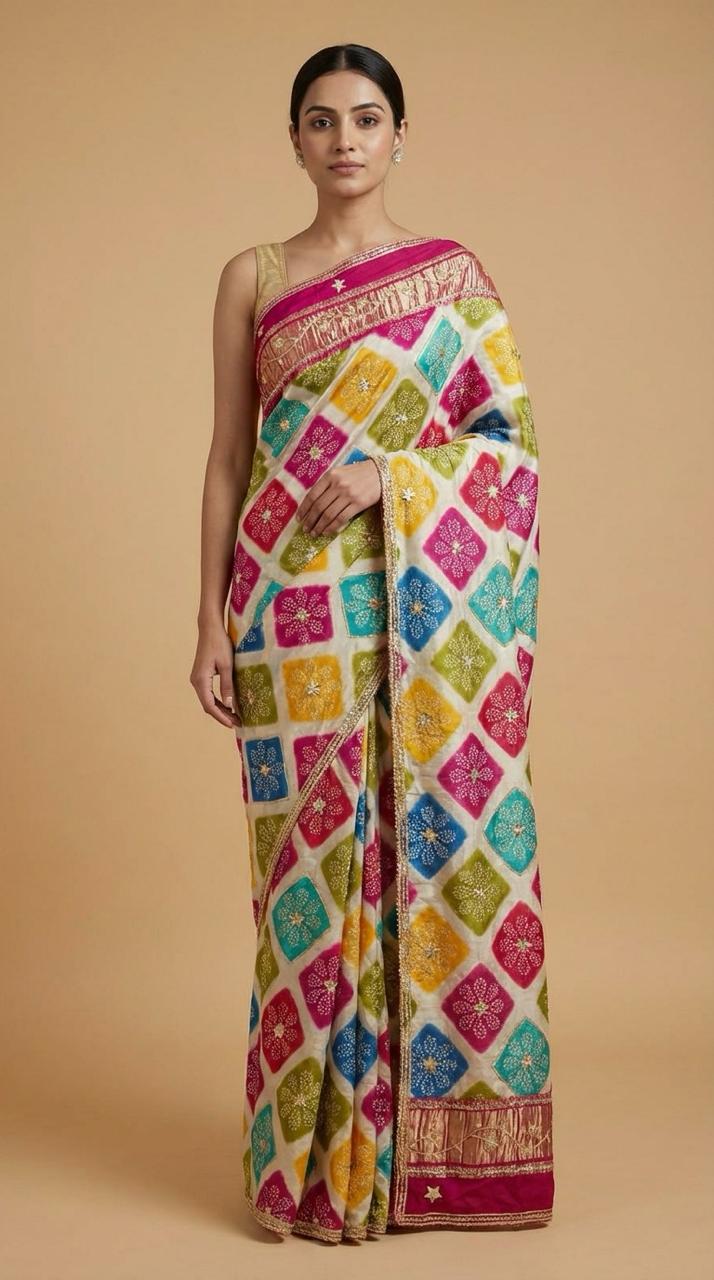 Modal Gajji Bandhani Saree with Kacchi Gota Work 