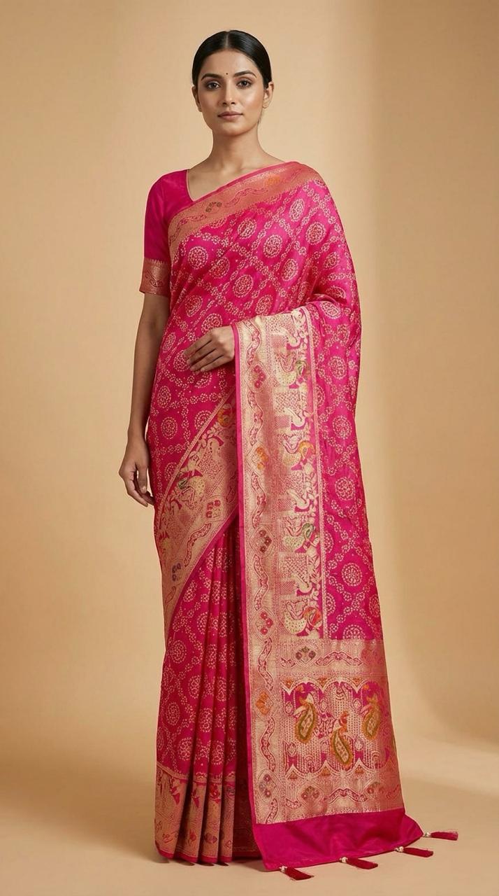 Gajji Silk Bandhani Print Saree Front