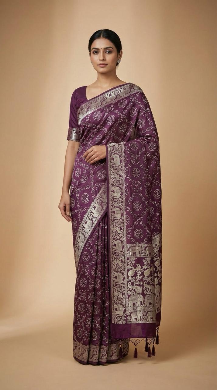 Gajji Silk Bandhani Print Saree Front