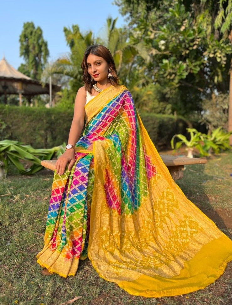 Khaddi Georgette Bandhani Saree with Neemjari Work 