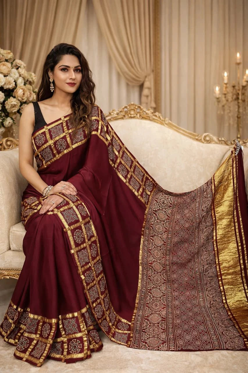 Handblock printed gajji silk saree