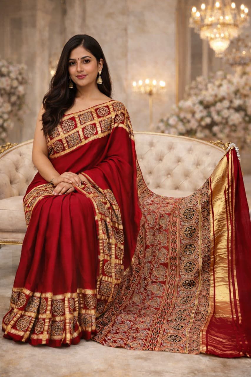Premium modal silk saree with gold border
