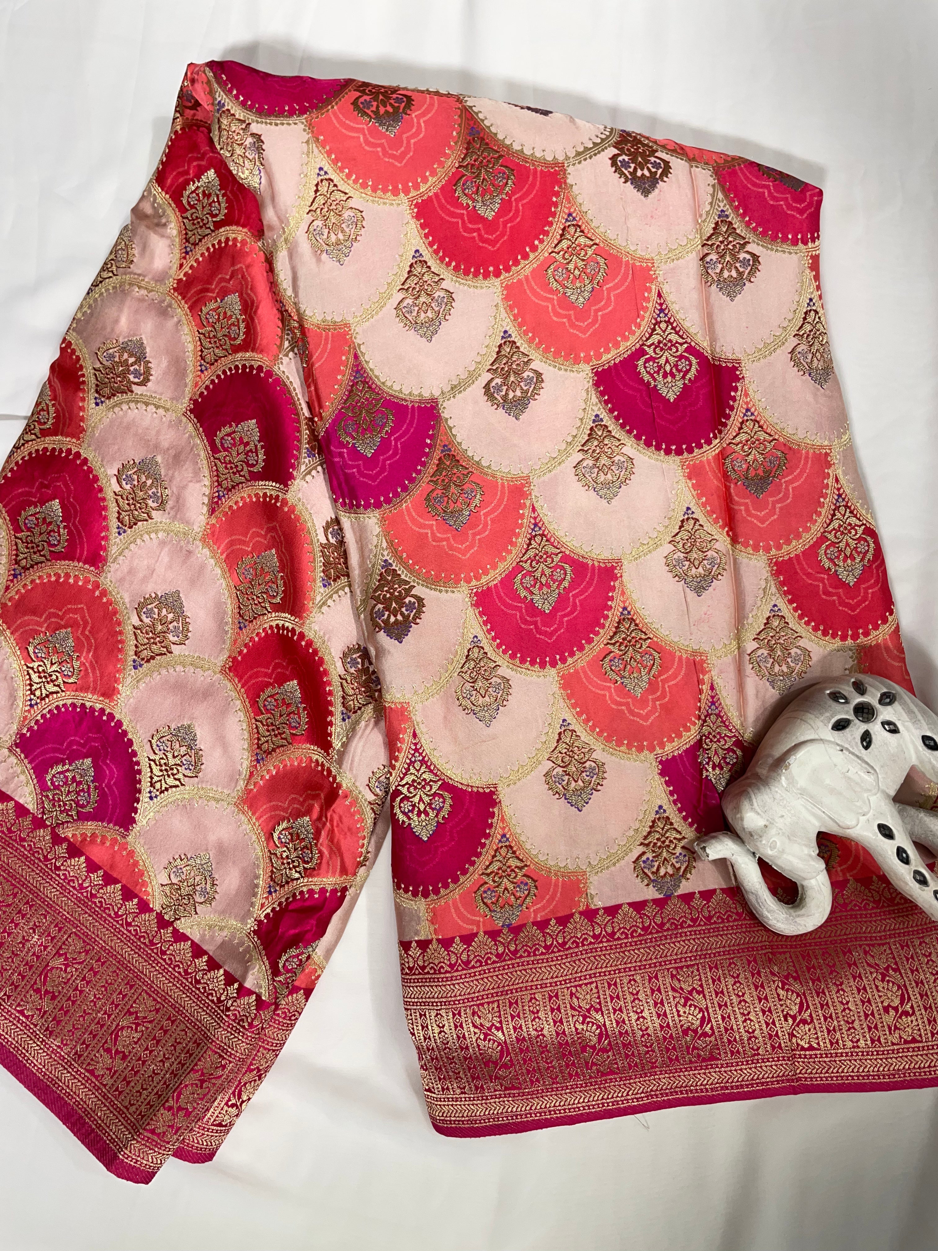 White Pink Peach Big Motif Rangaat Gajji Saree - Ethically Made, Bold Elegance - Anita Jain Fashions