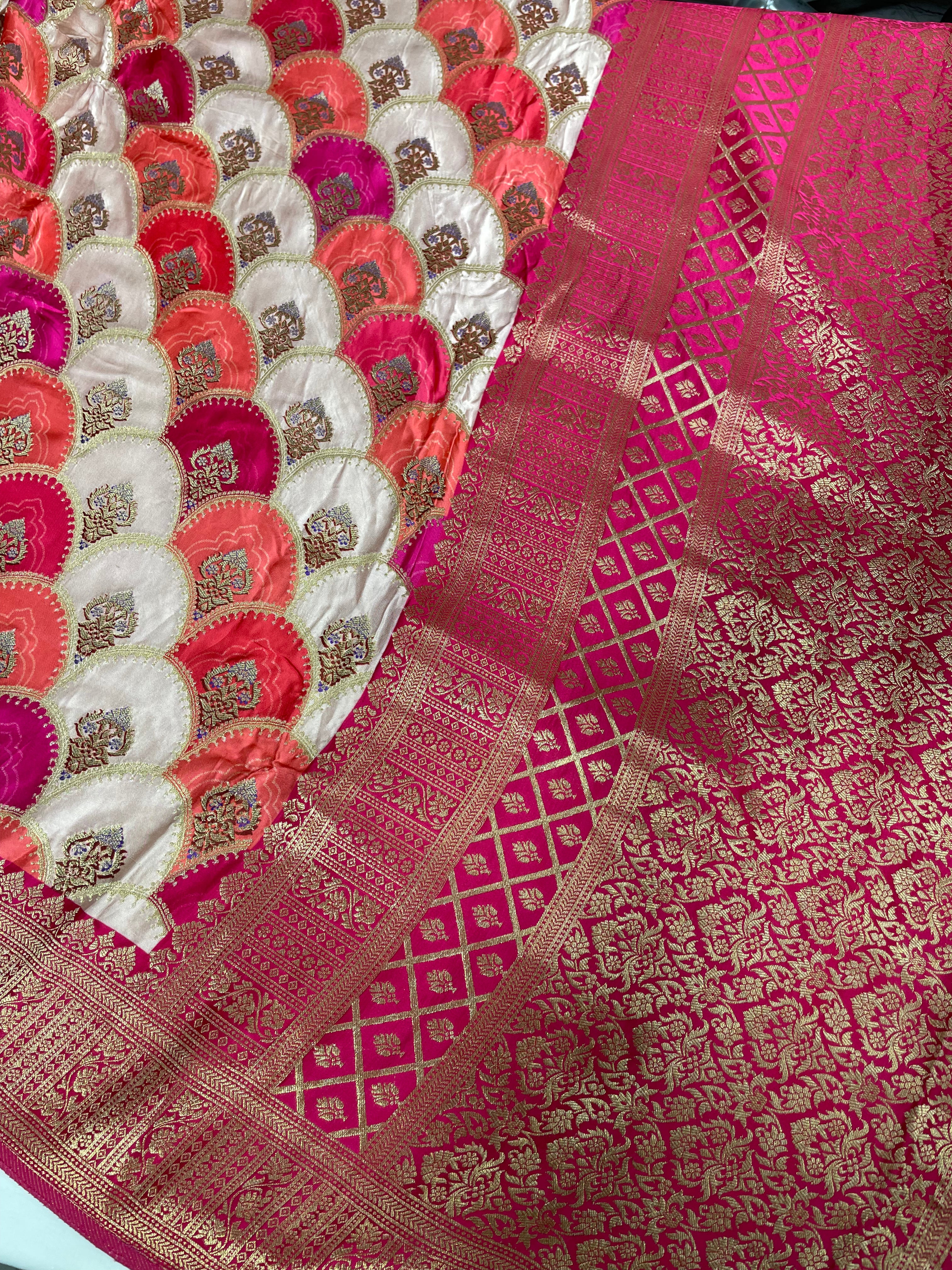 White Pink Peach Big Motif Rangaat Gajji Saree - Ethically Made, Bold Elegance - Anita Jain Fashions