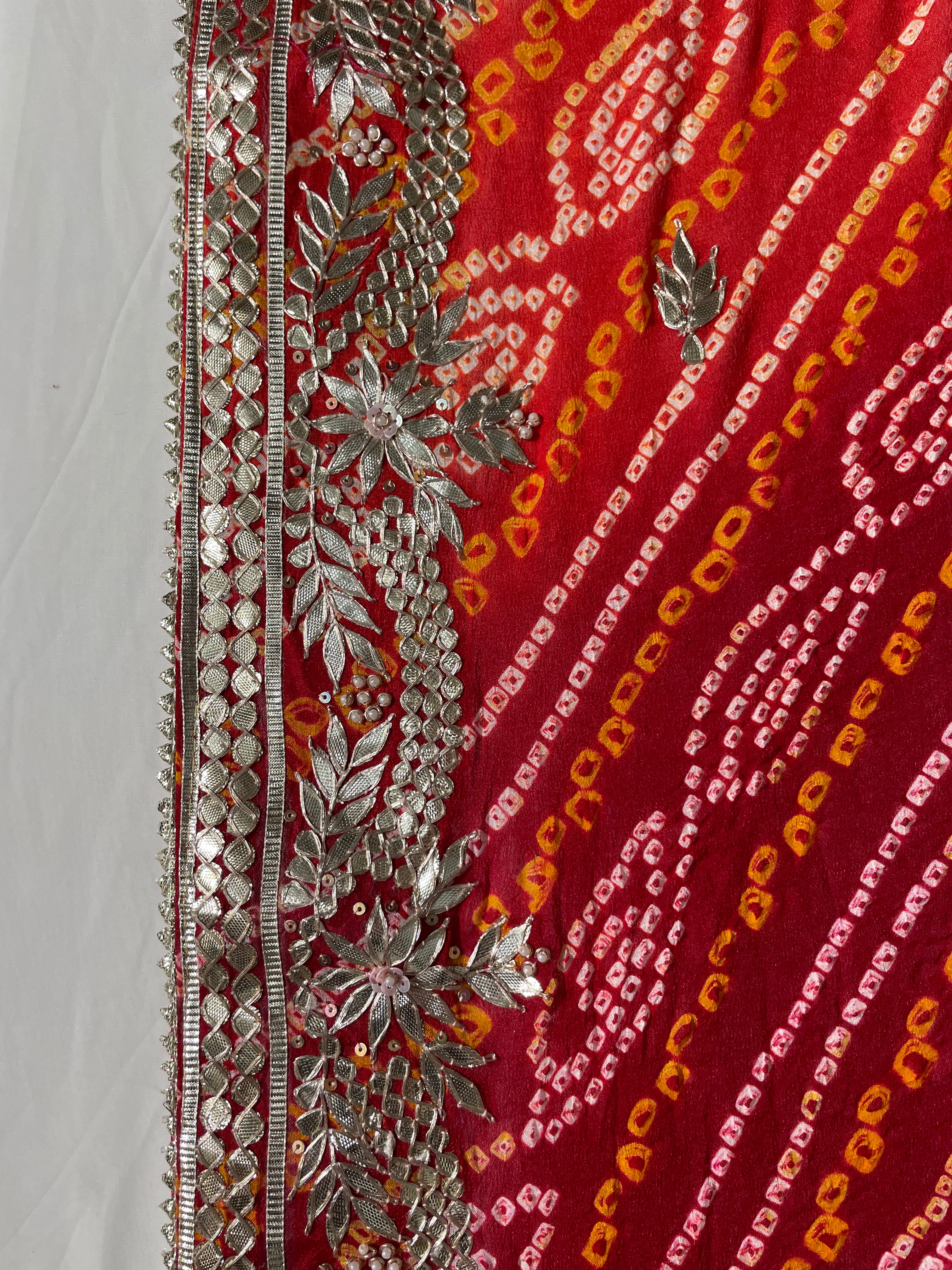 Laal-Pila Kangura Border Red Orange Hand Bandhani & Hand Gota Patti Border Pure Ojhariya Saree - Ethically Made, Luxurious Craftsmanship - Anita Jain Fashions