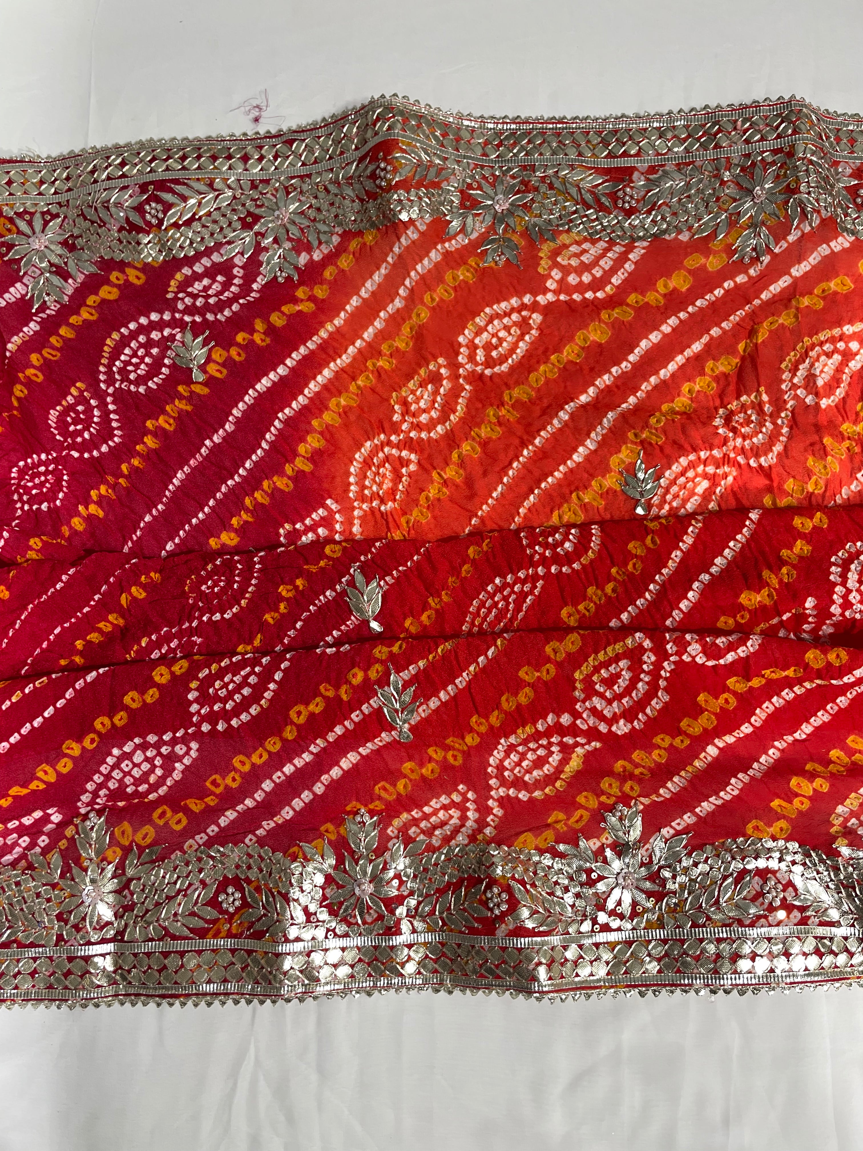 Laal-Pila Kangura Border Red Orange Hand Bandhani & Hand Gota Patti Border Pure Ojhariya Saree - Ethically Made, Luxurious Craftsmanship - Anita Jain Fashions