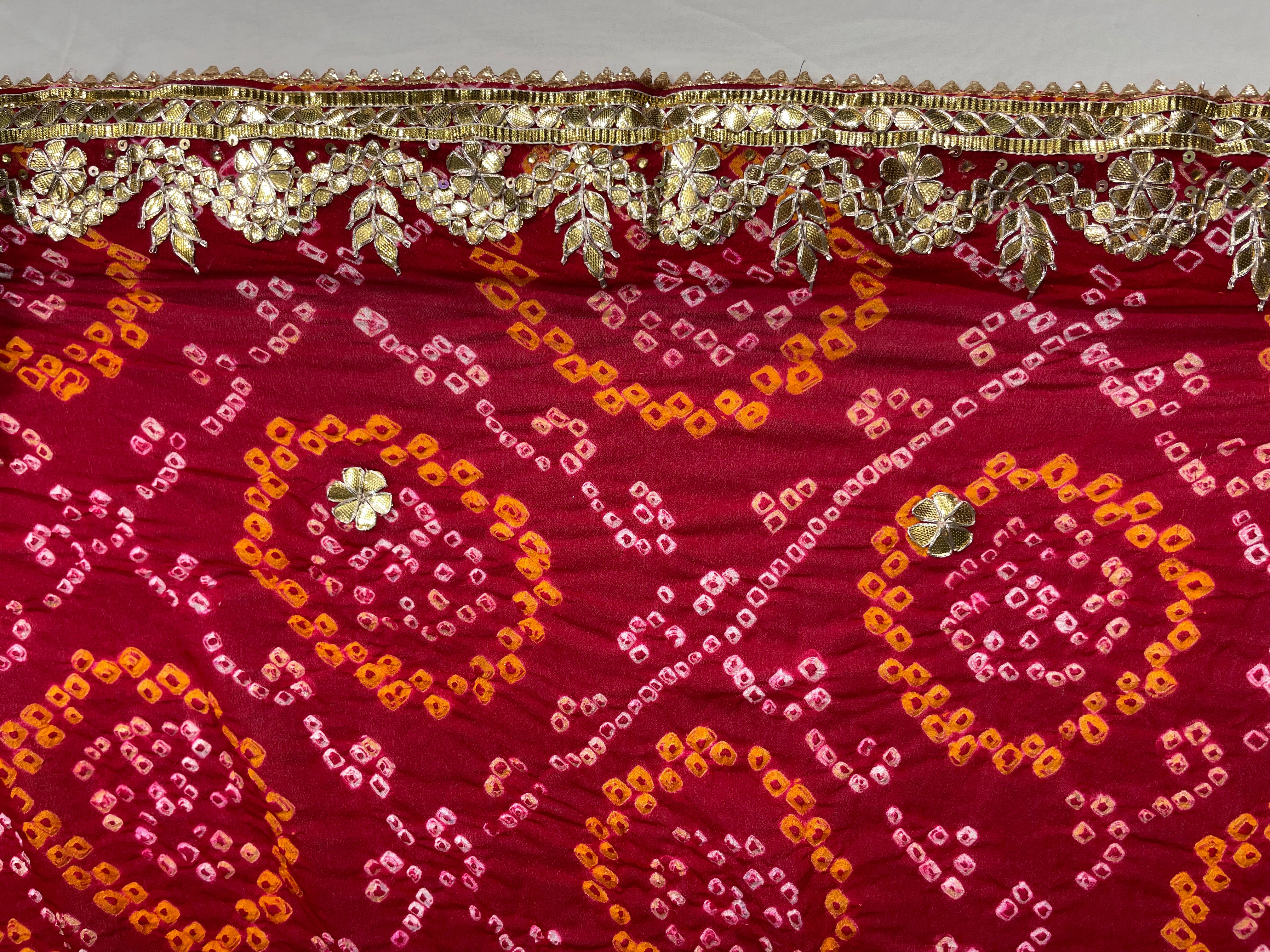 Golden Gota Patti Kangura Border Red Hand Bandhani Pure Ojhariya Saree - Ethically Made, Luxurious Craftsmanship - Anita Jain Fashions