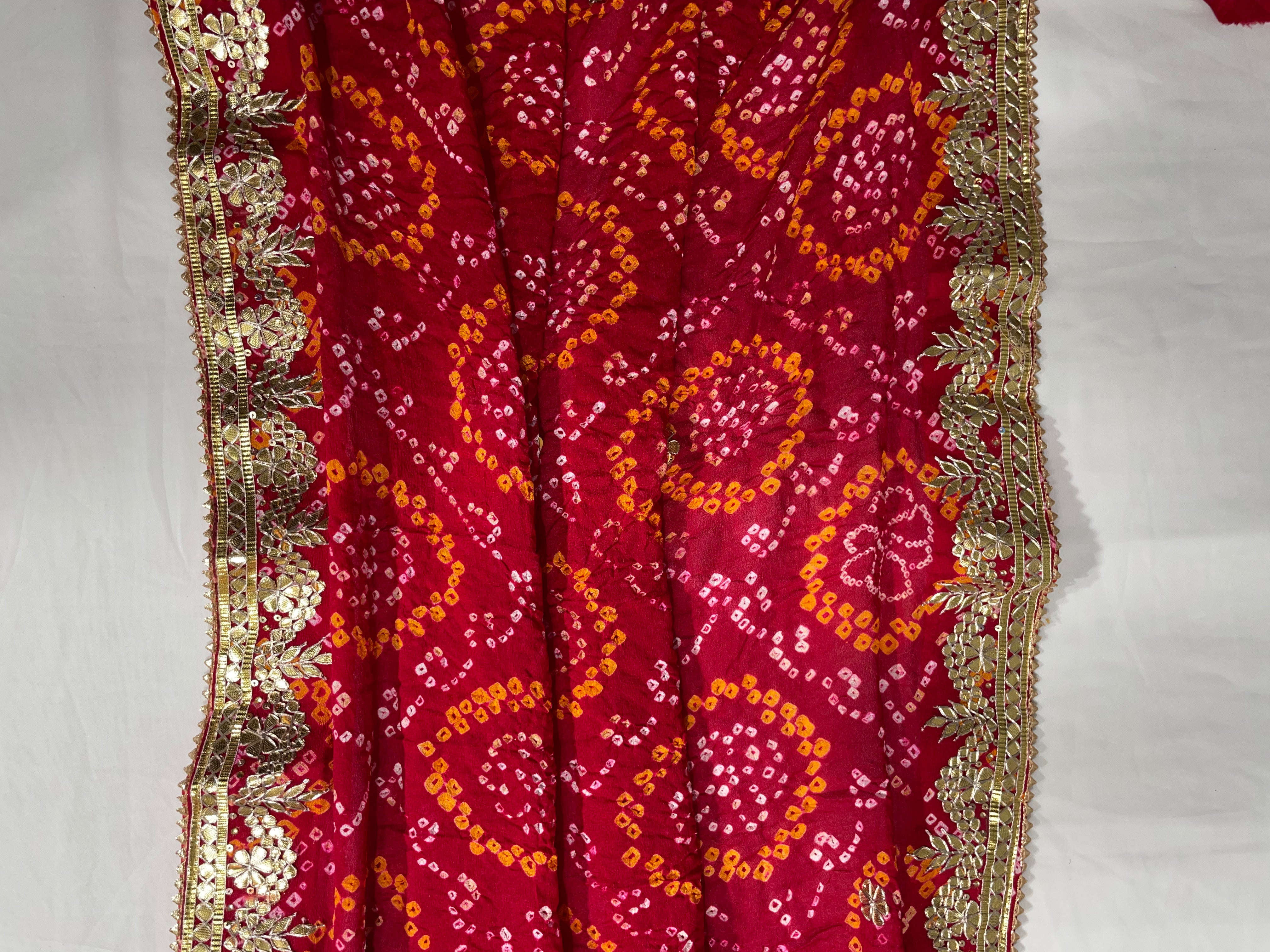 Golden Gota Patti Kangura Border Red Hand Bandhani Pure Ojhariya Saree - Ethically Made, Luxurious Craftsmanship - Anita Jain Fashions