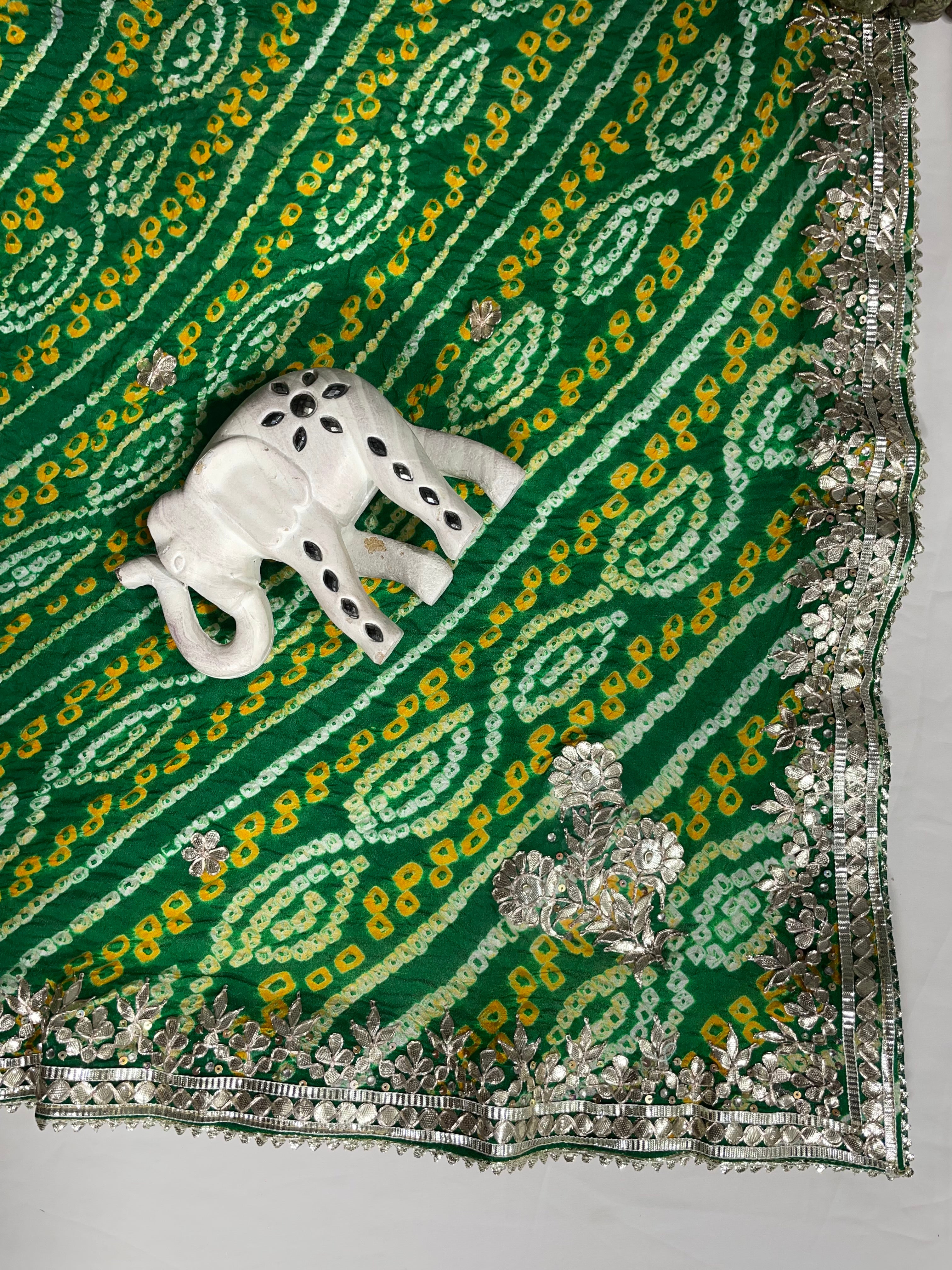 Silver Gota Patti Border Hand Bandhani Pure Green Ojhariya Saree - Ethically Made, Elegant Craftsmanship - Anita Jain Fashions