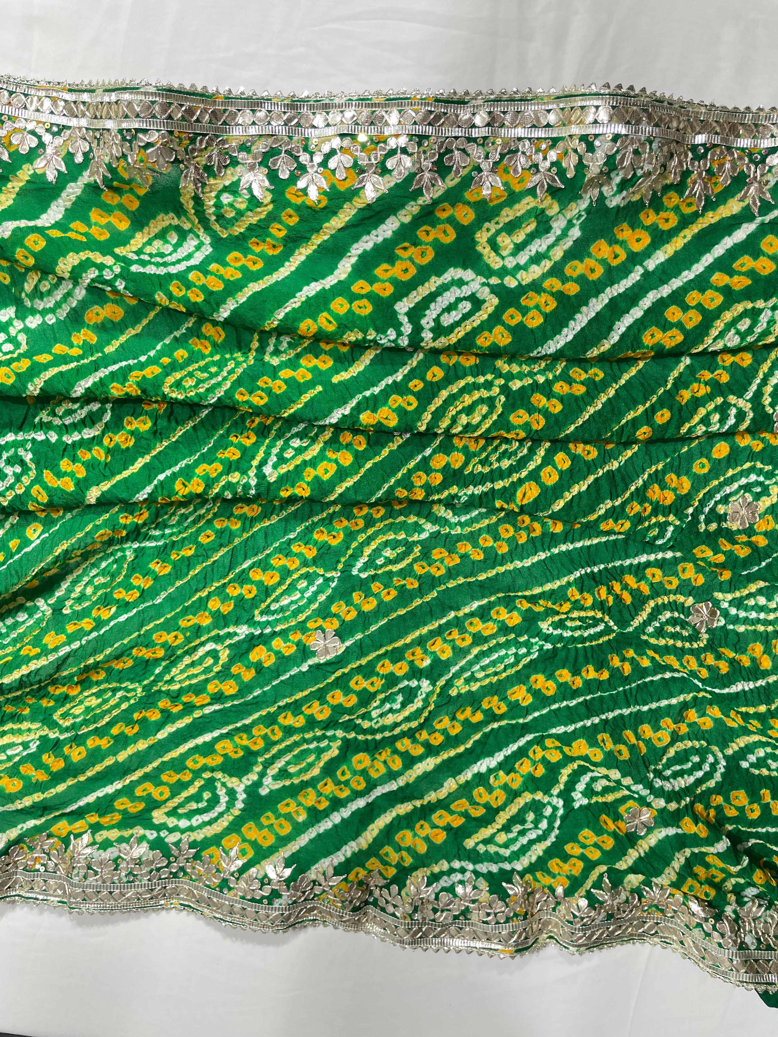 Silver Gota Patti Border Hand Bandhani Pure Green Ojhariya Saree - Ethically Made, Elegant Craftsmanship - Anita Jain Fashions