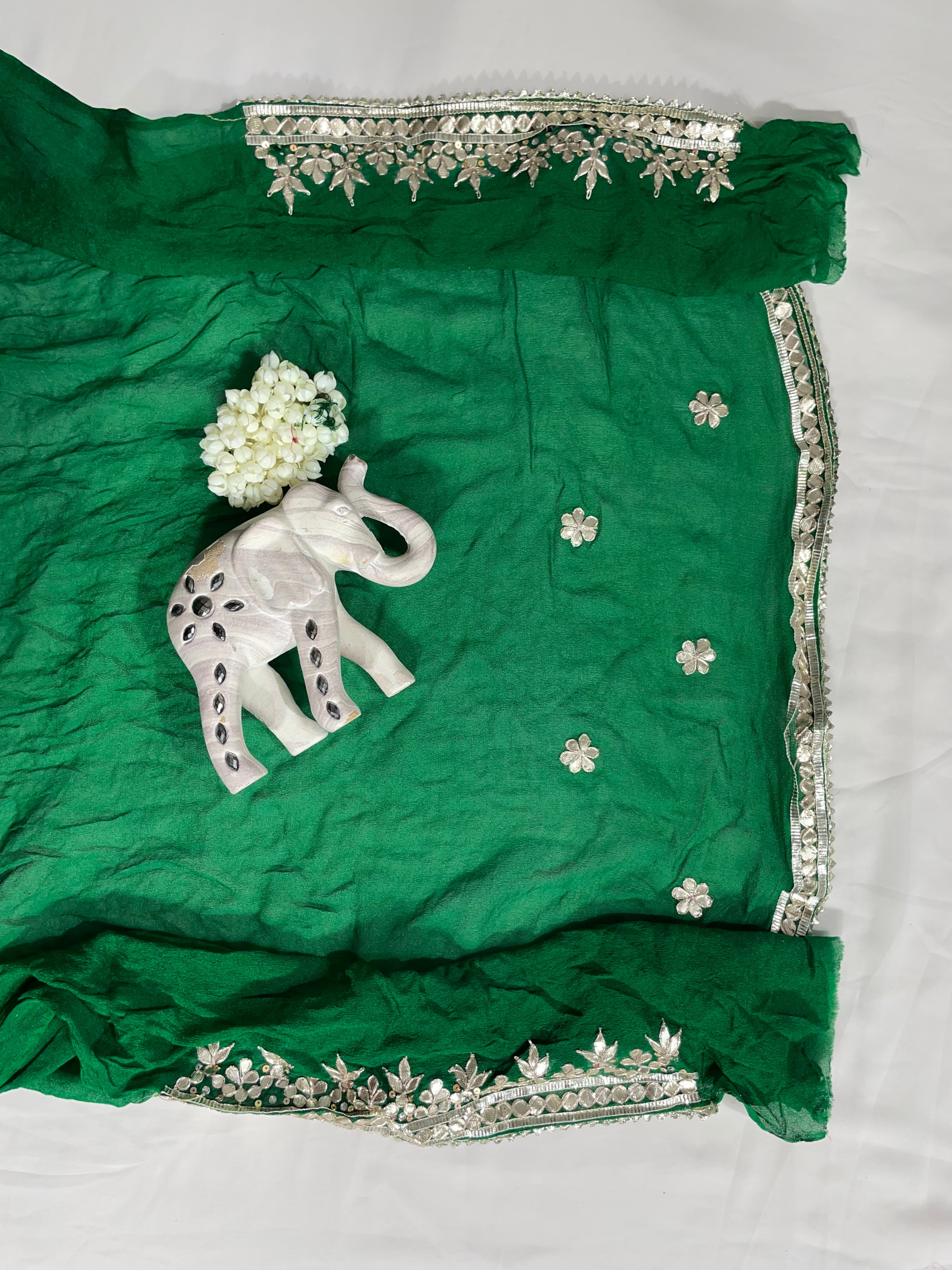 Silver Gota Patti Border Hand Bandhani Pure Green Ojhariya Saree - Ethically Made, Elegant Craftsmanship - Anita Jain Fashions