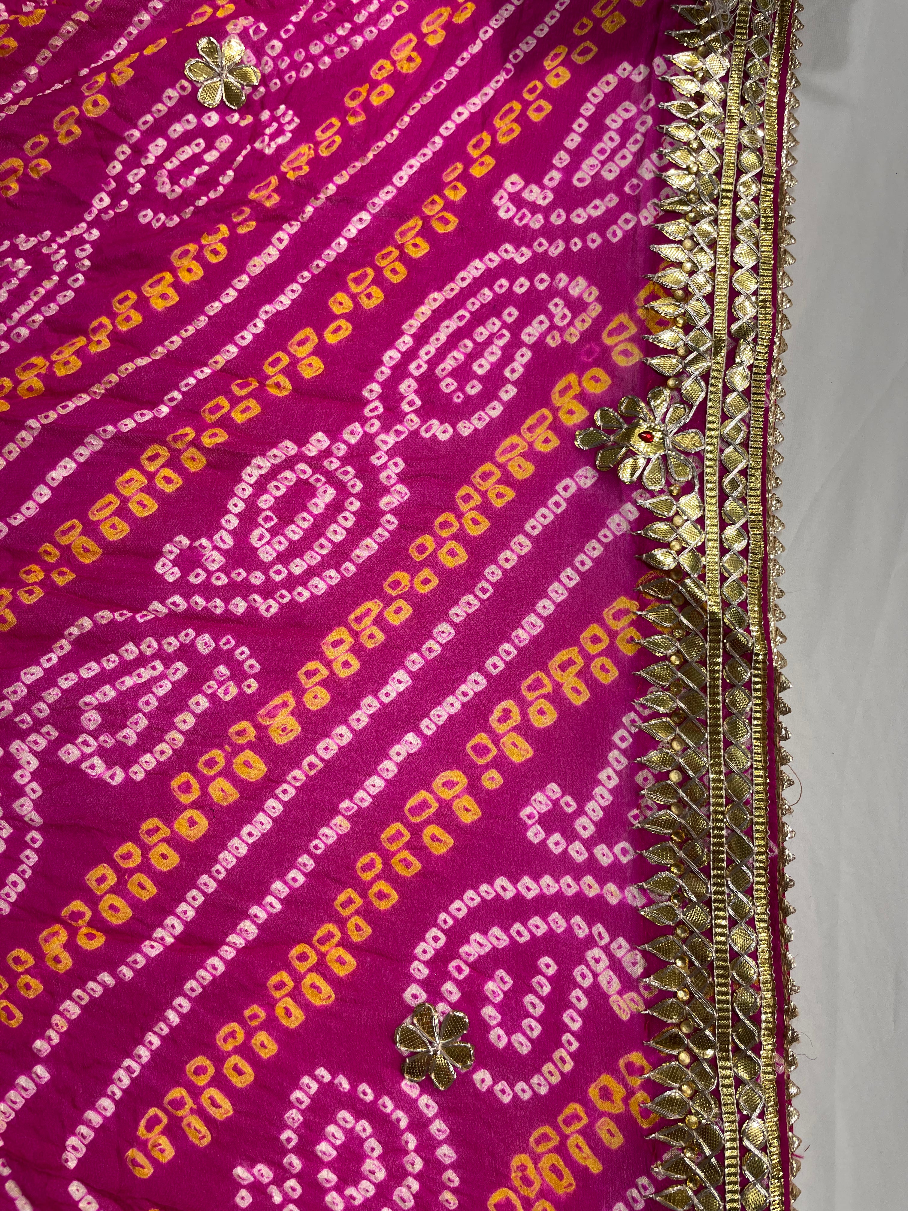 Golden Gota Patti Border Hand Bandhani Pure Pink Ojhariya Saree - Ethically Made, Luxurious Craftsmanship - Anita Jain Fashions