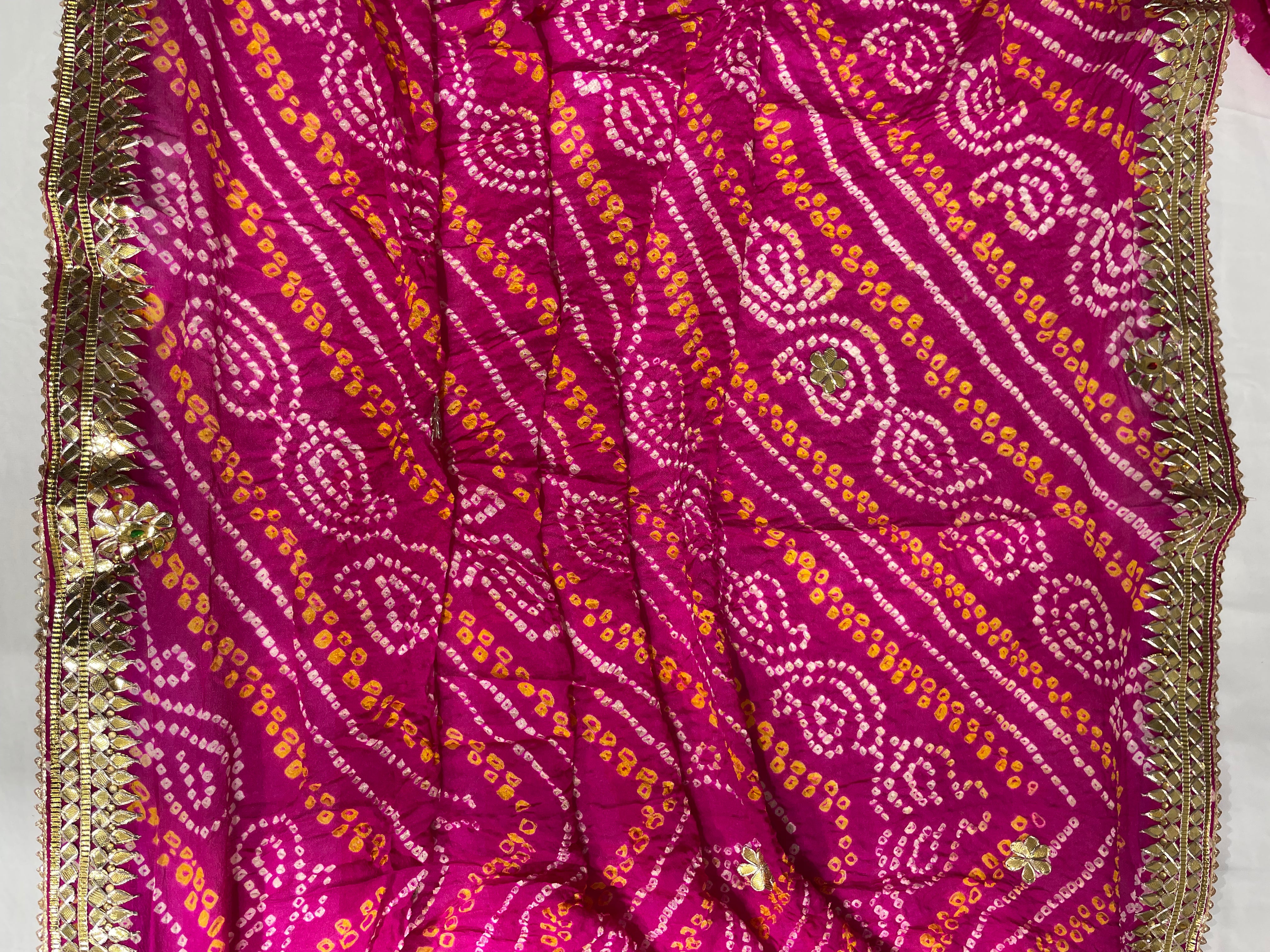 Golden Gota Patti Border Hand Bandhani Pure Pink Ojhariya Saree - Ethically Made, Luxurious Craftsmanship - Anita Jain Fashions