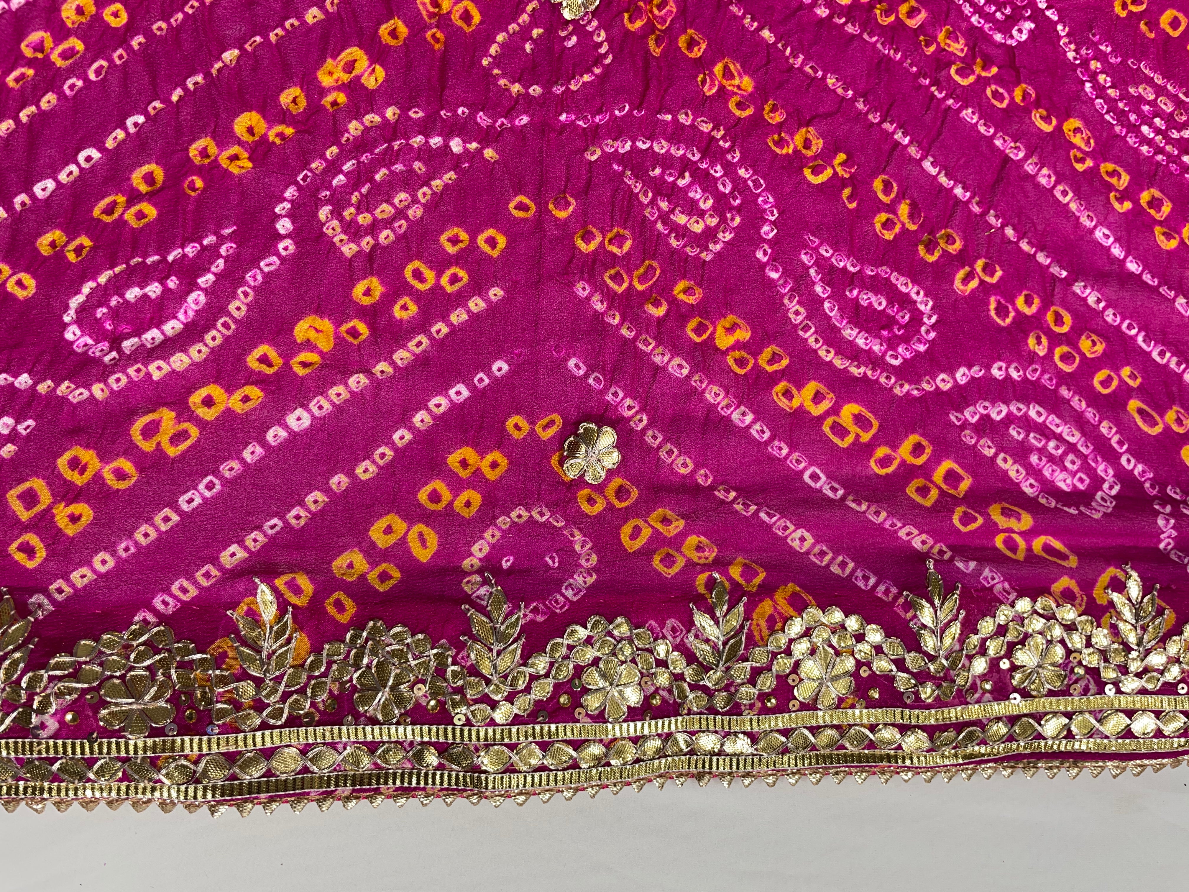 Golden Gota Patti Kangura Border Hand Bandhani Pure Pink Ojhariya Saree - Ethically Made, Exquisite Craftsmanship - Anita Jain Fashions