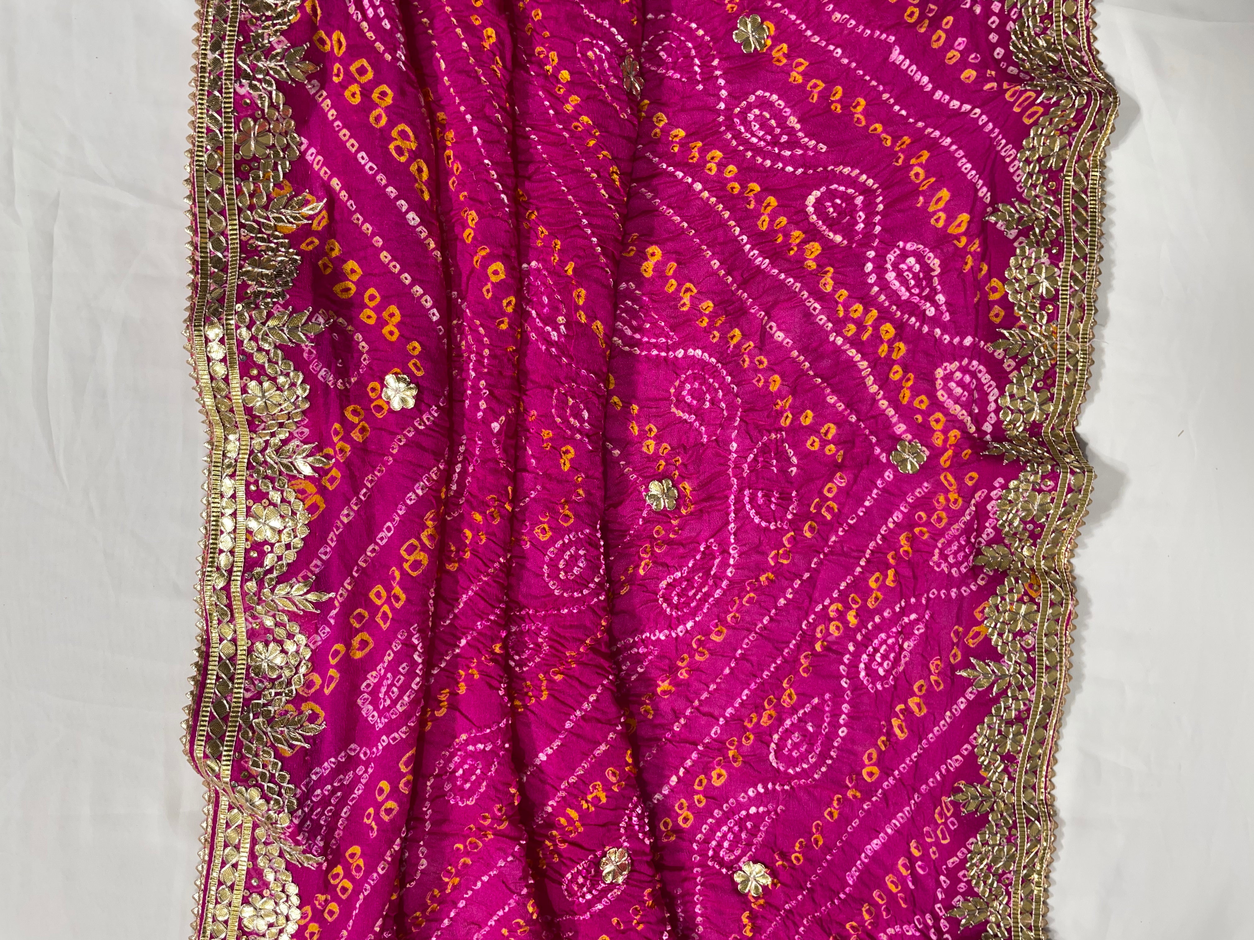 Golden Gota Patti Kangura Border Hand Bandhani Pure Pink Ojhariya Saree - Ethically Made, Exquisite Craftsmanship - Anita Jain Fashions