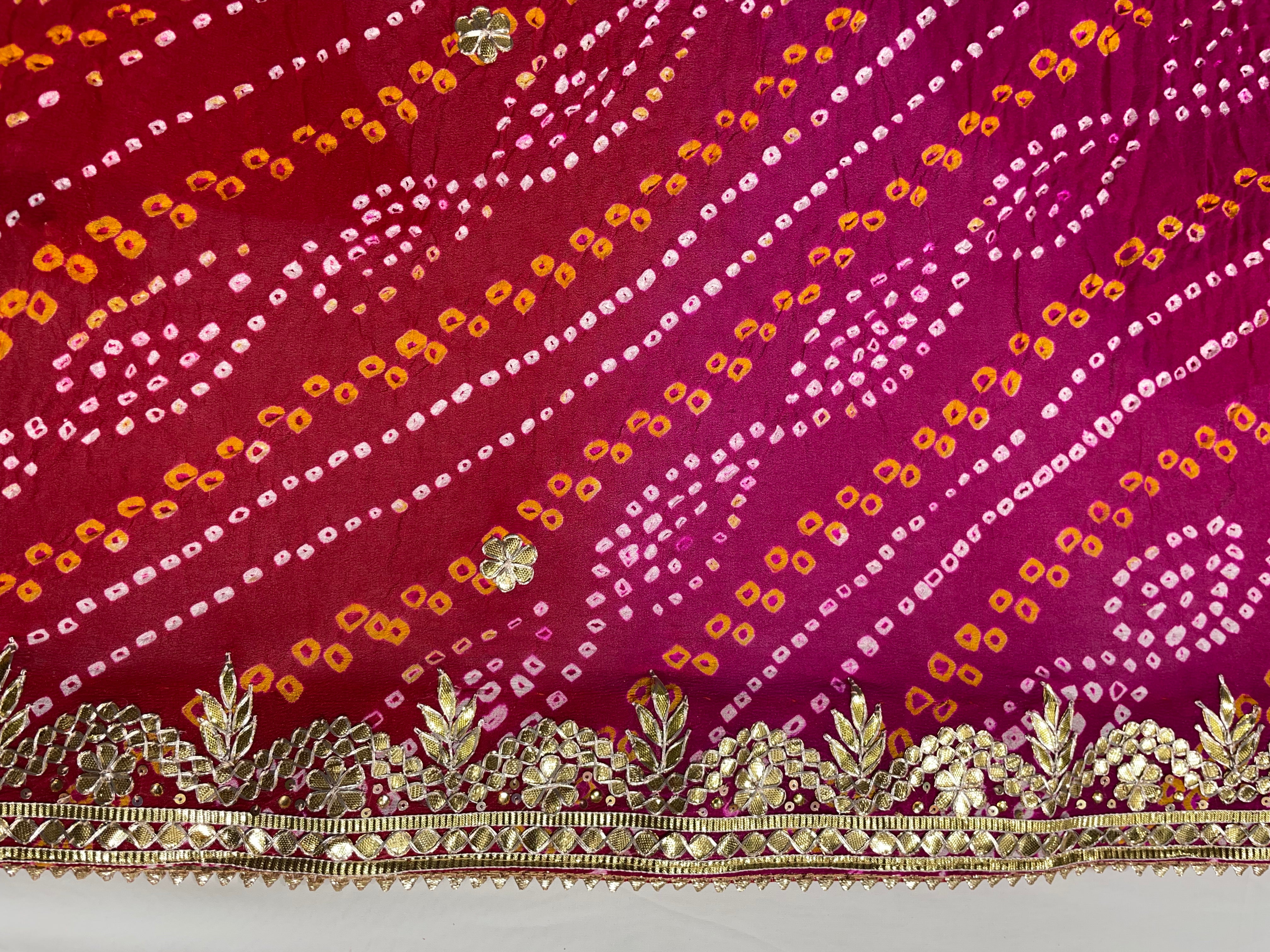 Red Pink Golden Gota Patti Kangura Border Hand Bandhani Pure Ojhariya Saree - Ethically Made, Luxurious Tradition - Anita Jain Fashions