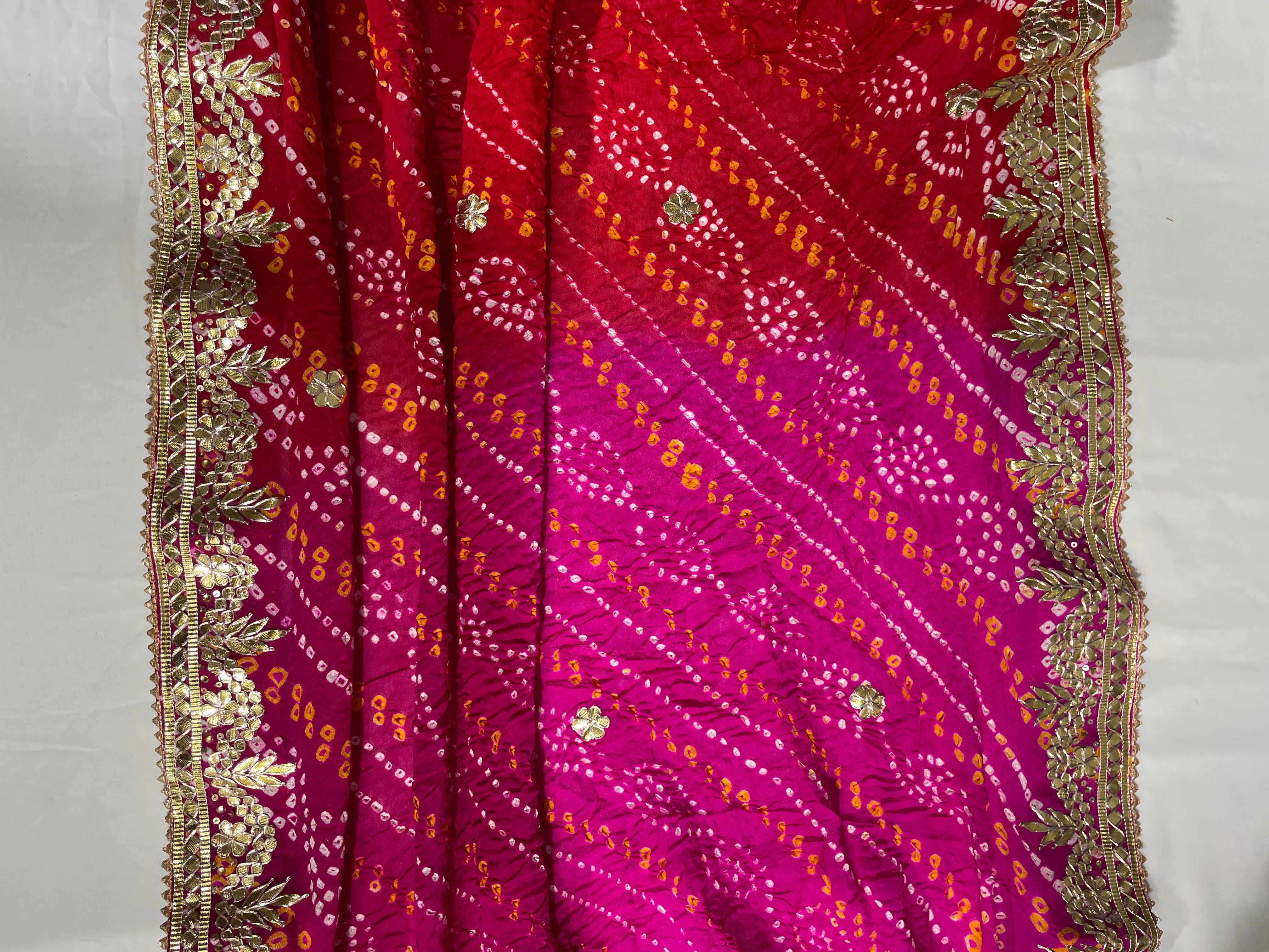 Red Pink Golden Gota Patti Kangura Border Hand Bandhani Pure Ojhariya Saree - Ethically Made, Luxurious Tradition - Anita Jain Fashions