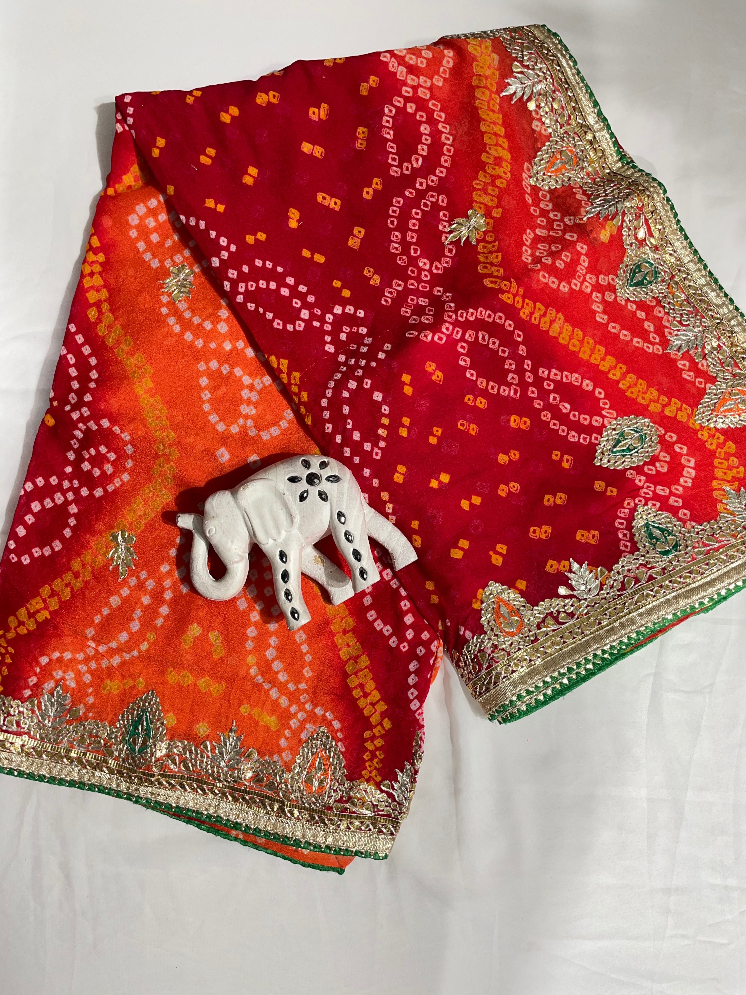 Laal Peela Buti Gota Patti Border Hand Bandhani Pure Ojhariya Saree - Ethically Made, Elegant Tradition - Anita Jain Fashions