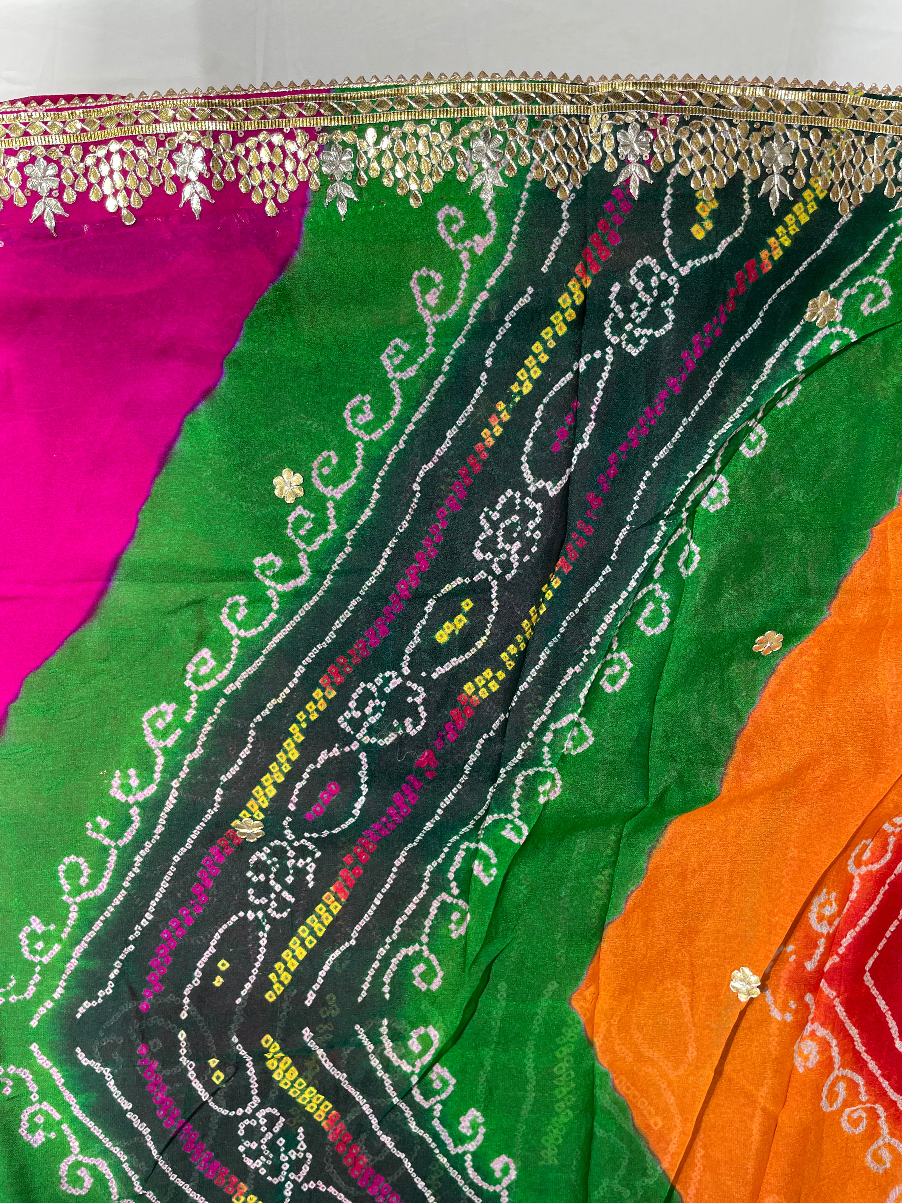 Navranga Straight Gota Patti Border Hand Bandhani Pure Ojhariya Saree - Ethically Made, Traditional Craftsmanship - Anita Jain Fashions