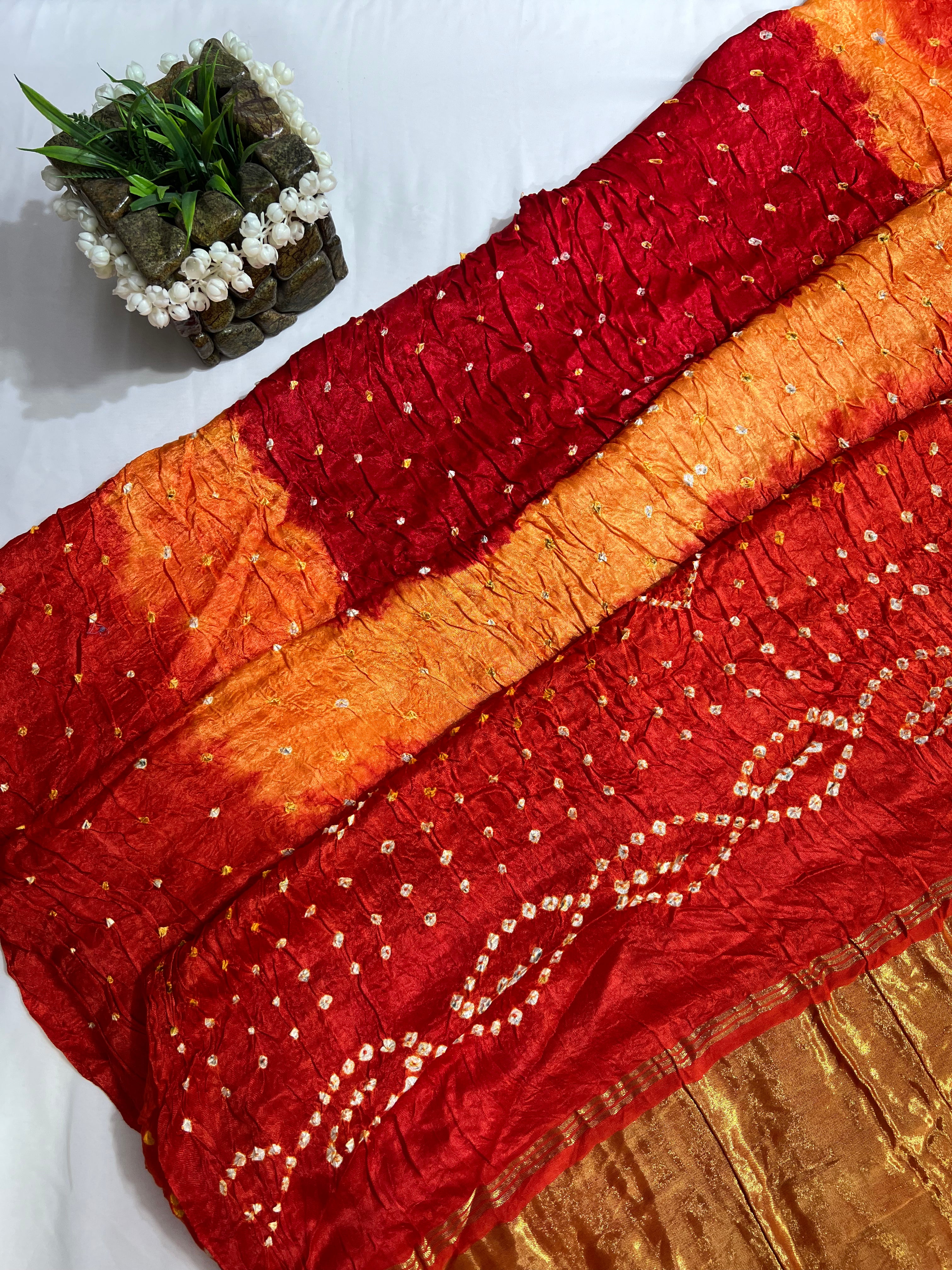 Red Orange Pure Gajji Silk Saree - Ethically Made, Luxurious Silk - Anita Jain Fashions