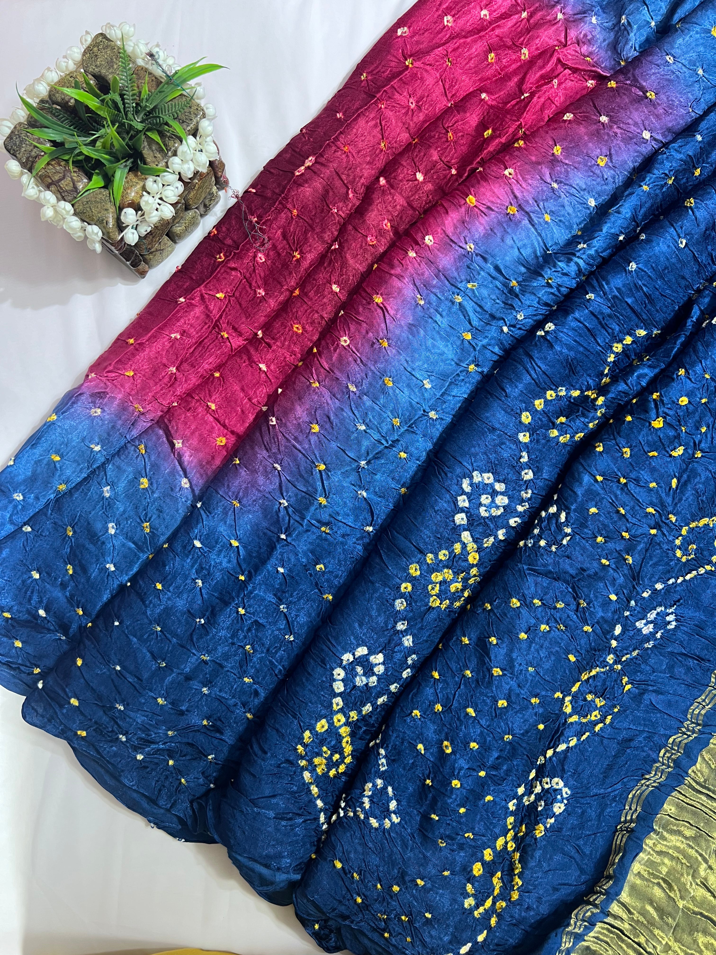 Blue & Fuchsia Gajji Silk Shaded Saree - Ethically Made, Vibrant Elegance - Anita Jain Fashions