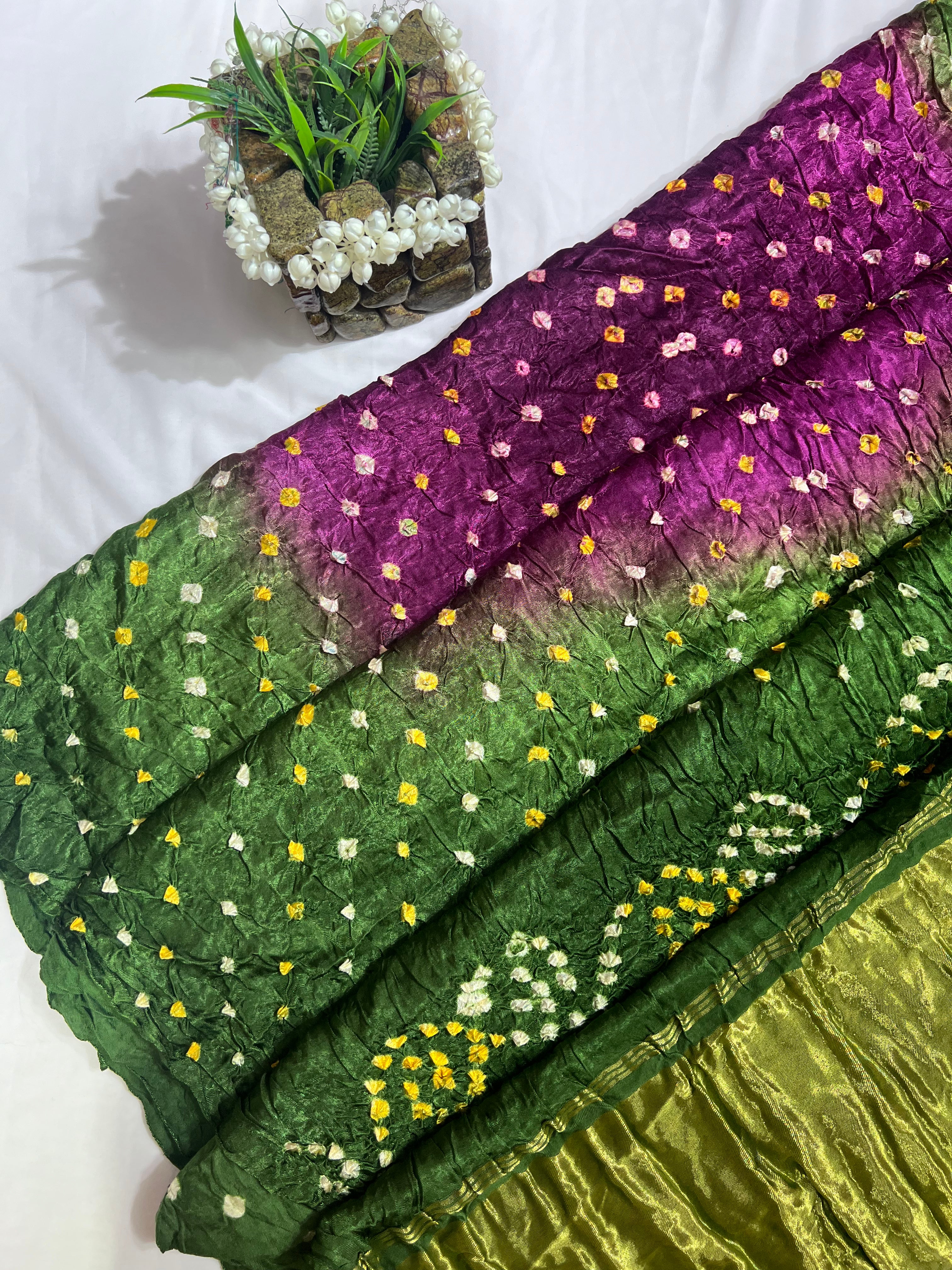 Green & Purple Gajji Silk Shaded Saree - Ethically Made, Luxurious Gradient - Anita Jain Fashions