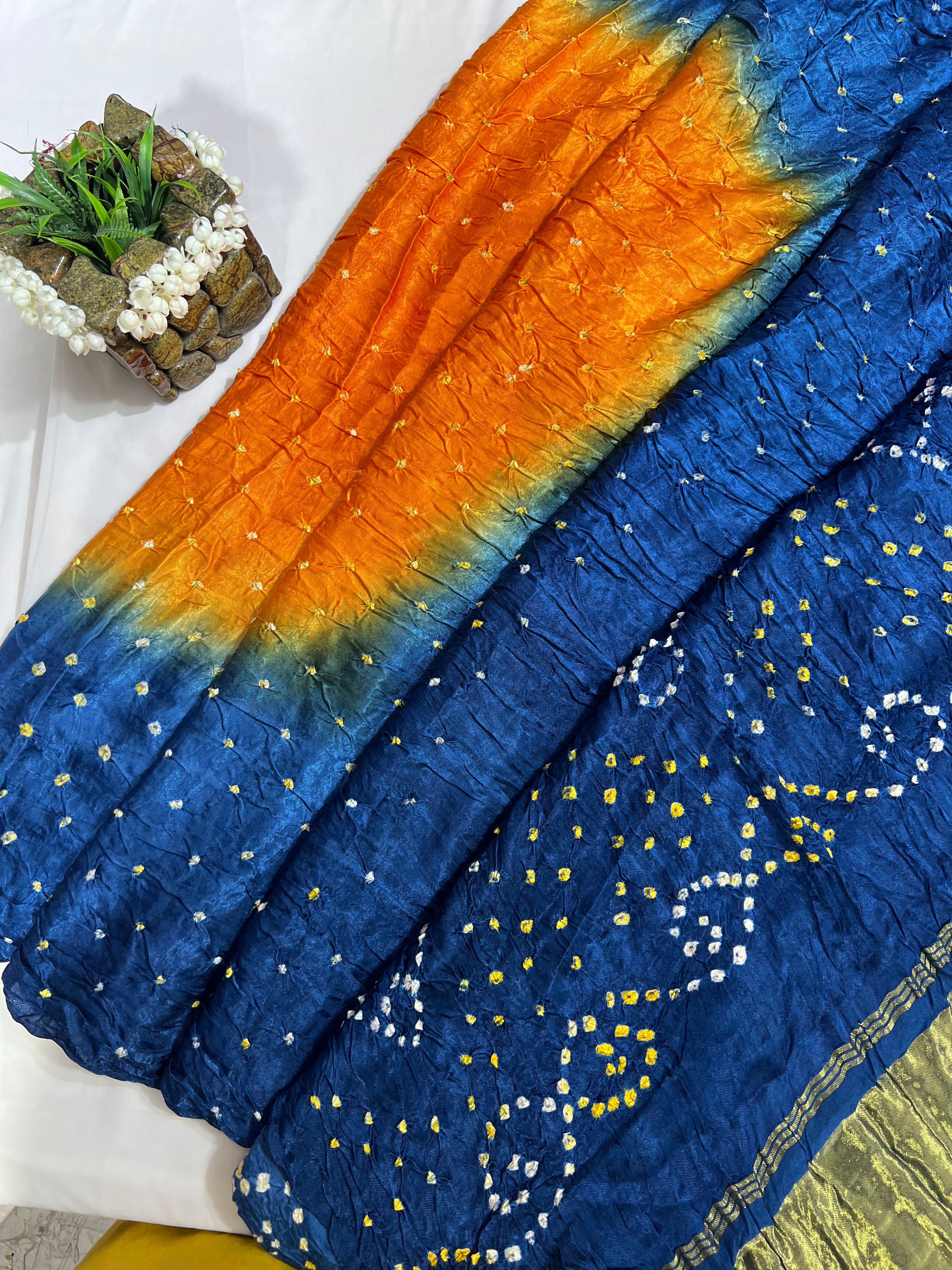 Blue & Orange Gajji Silk Shaded Saree - Ethically Made, Vibrant Gradient - Anita Jain Fashions