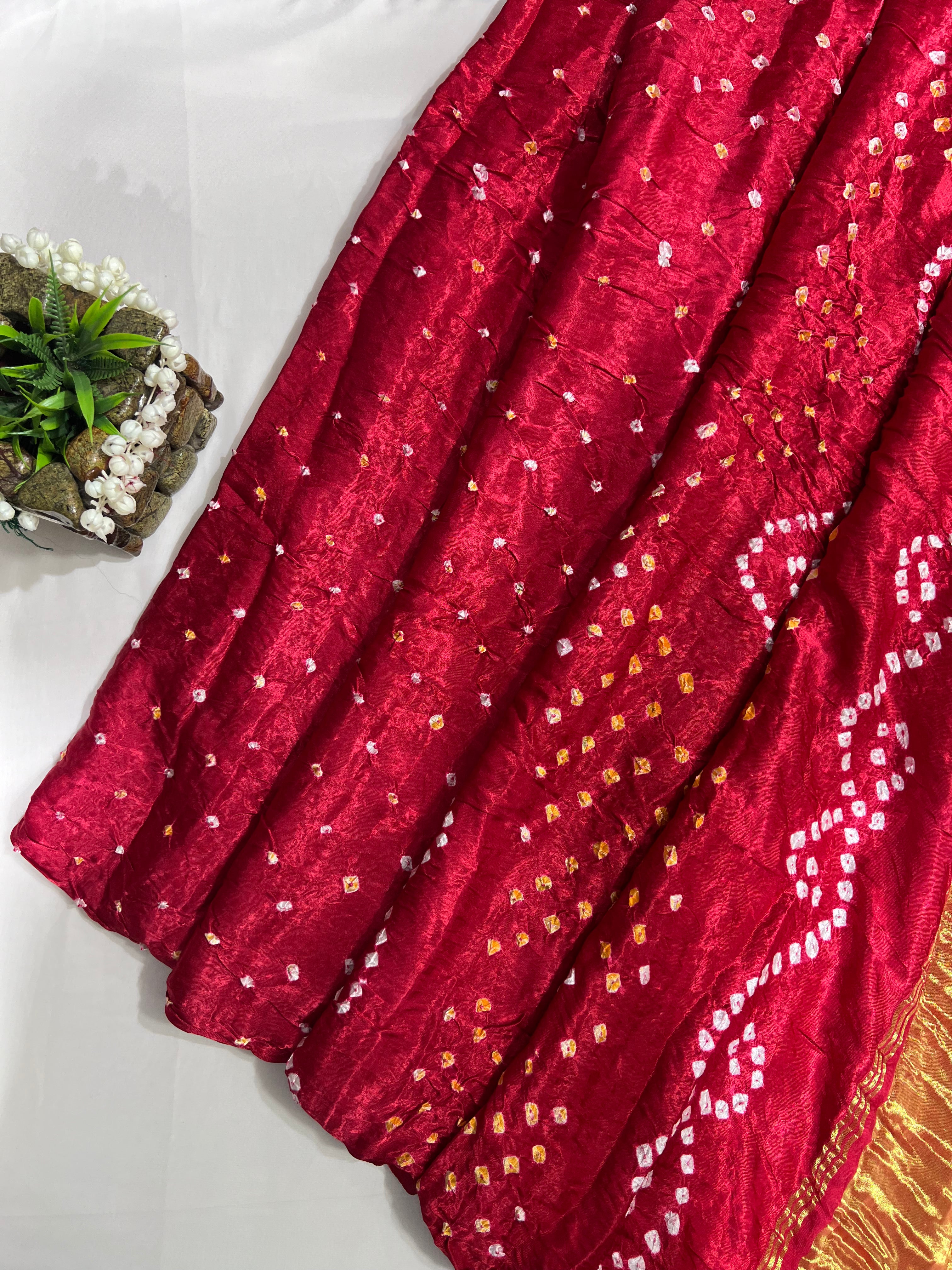 Red Modal Gajji Hand Bandhani Saree with Lagdi Patta Pallu - Ethically Made, Traditional Craftsmanship - Anita Jain Fashions