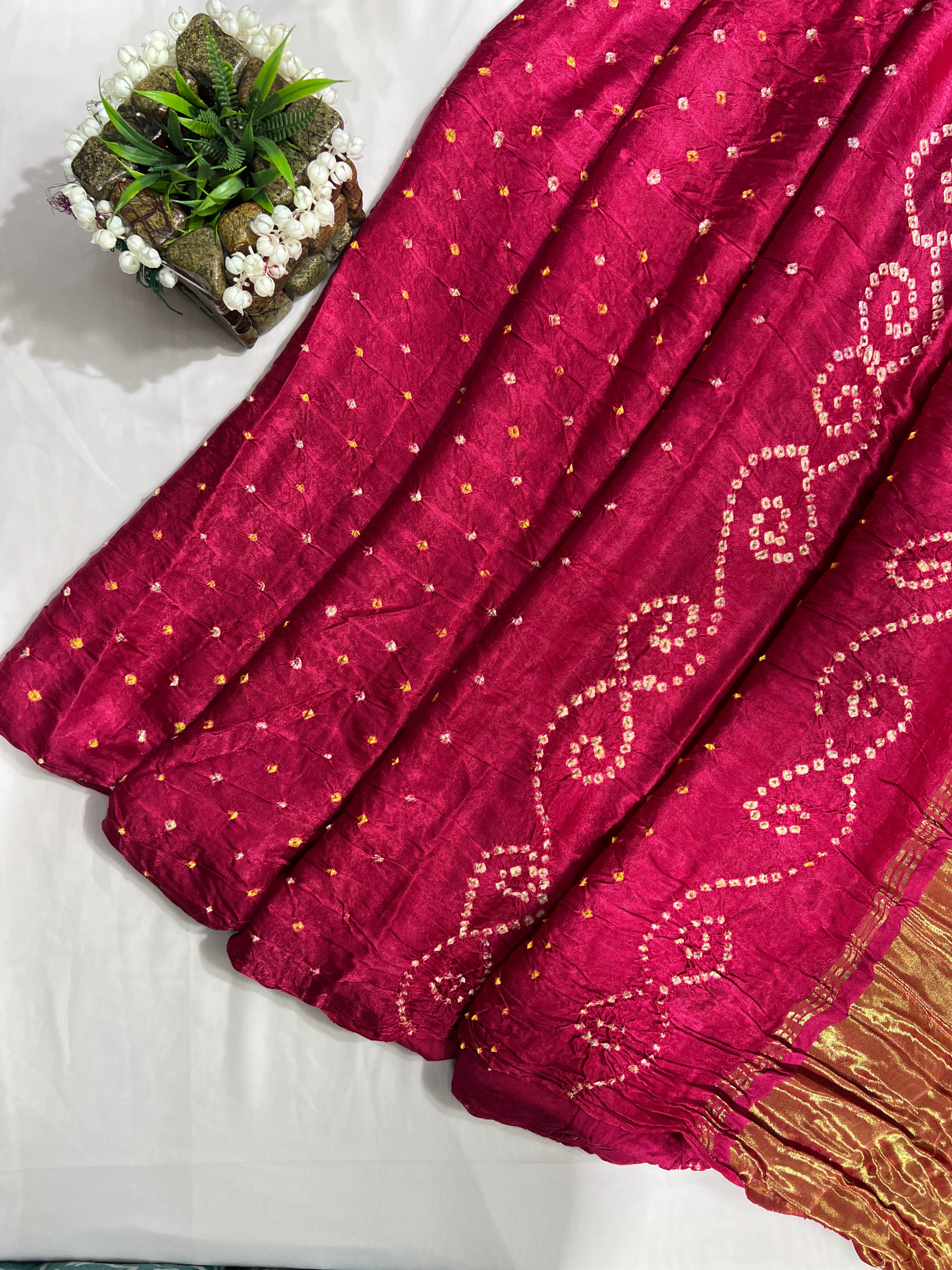 Mehroon Modal Gajji Hand Bandhani Saree with Lagdi Patta Pallu - Ethically Made, Rich Tradition - Anita Jain Fashions