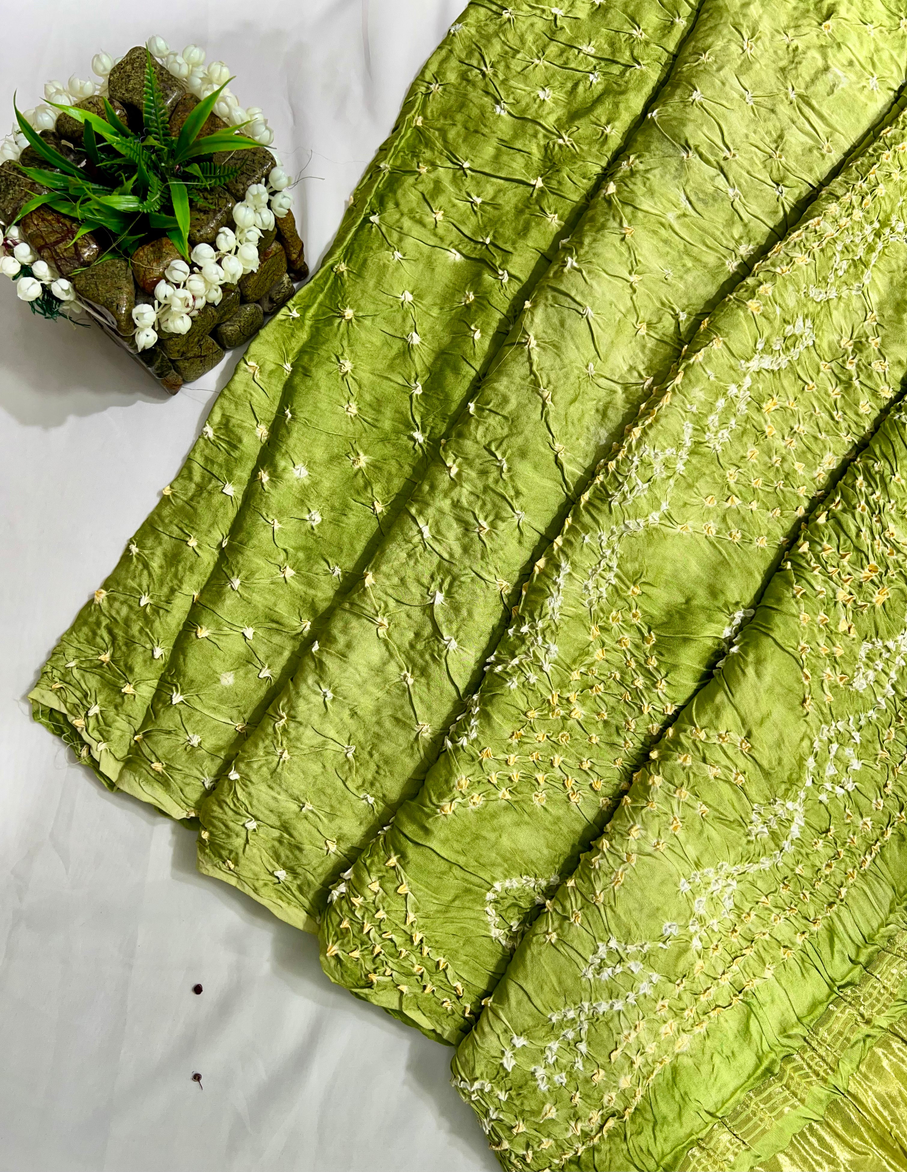 Light Green Modal Gajji Hand Bandhani Saree with Lagdi Patta Pallu - Ethically Made, Elegant Tradition - Anita Jain Fashions