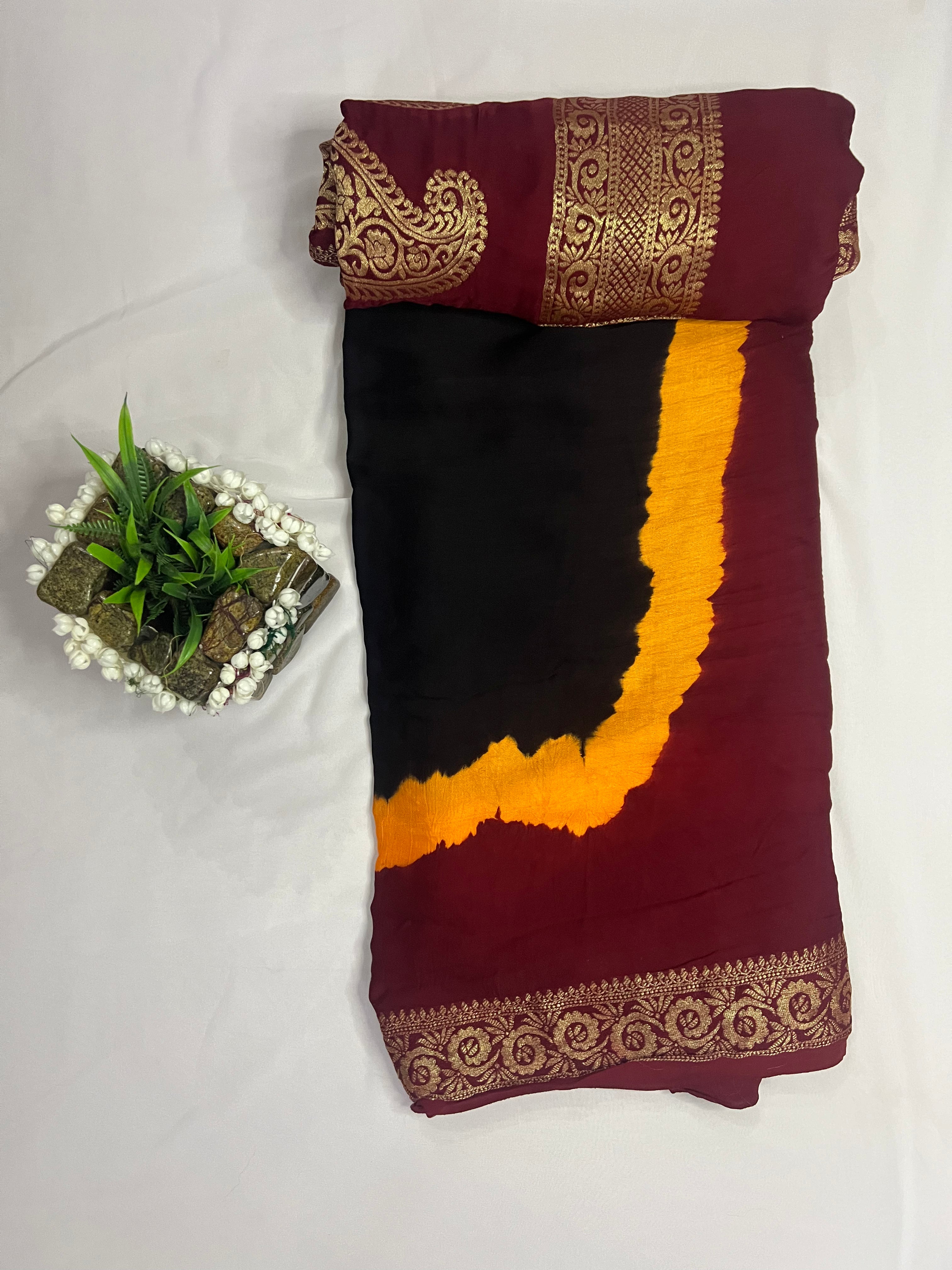 Tri-Colour (Black, Yellow, and Red) Modal Gajji Silk Saree - Ethically Made, Vibrant Elegance - Anita Jain Fashions