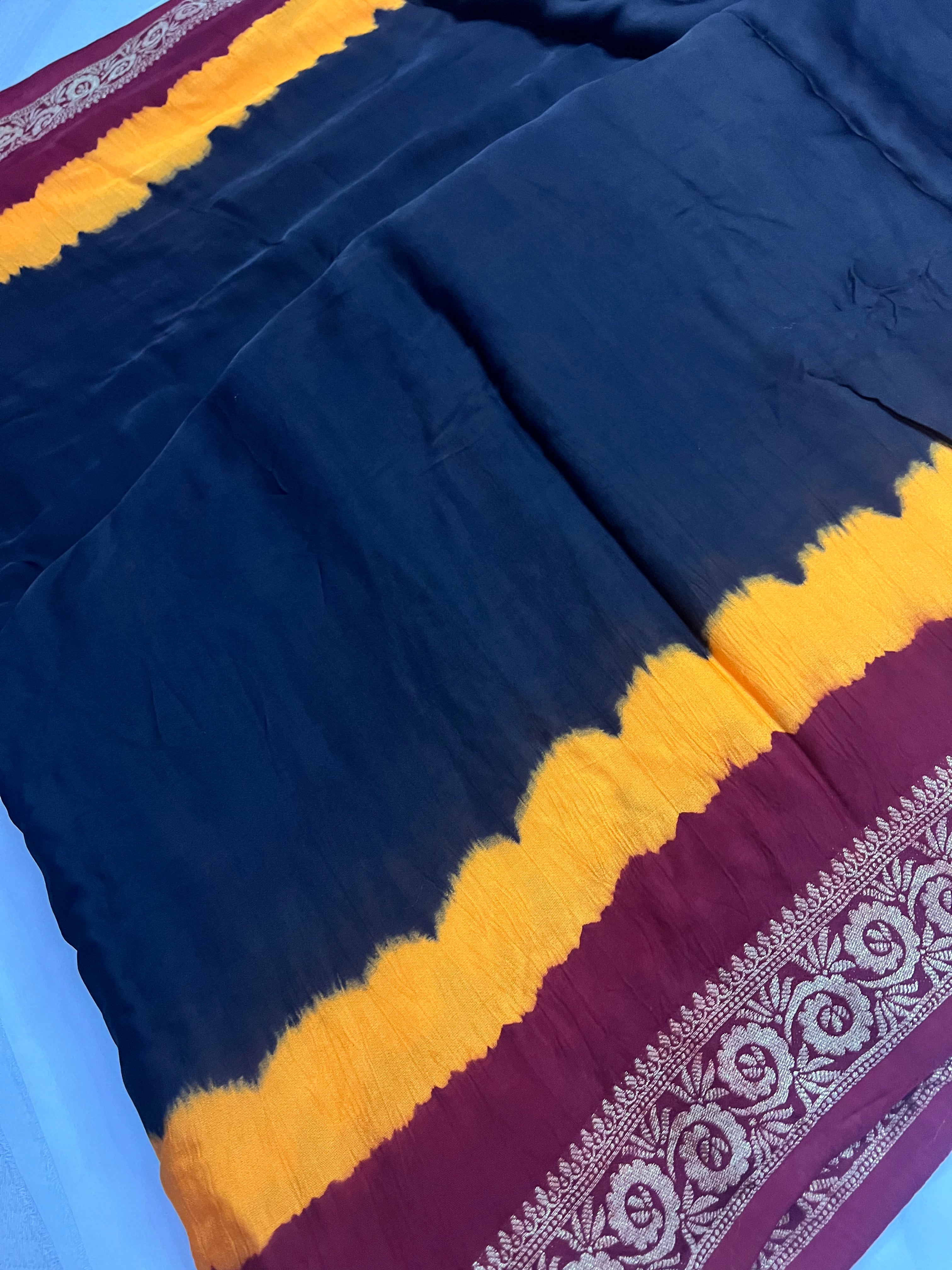 Tri-Colour (Black, Yellow, and Red) Modal Gajji Silk Saree - Ethically Made, Vibrant Elegance - Anita Jain Fashions