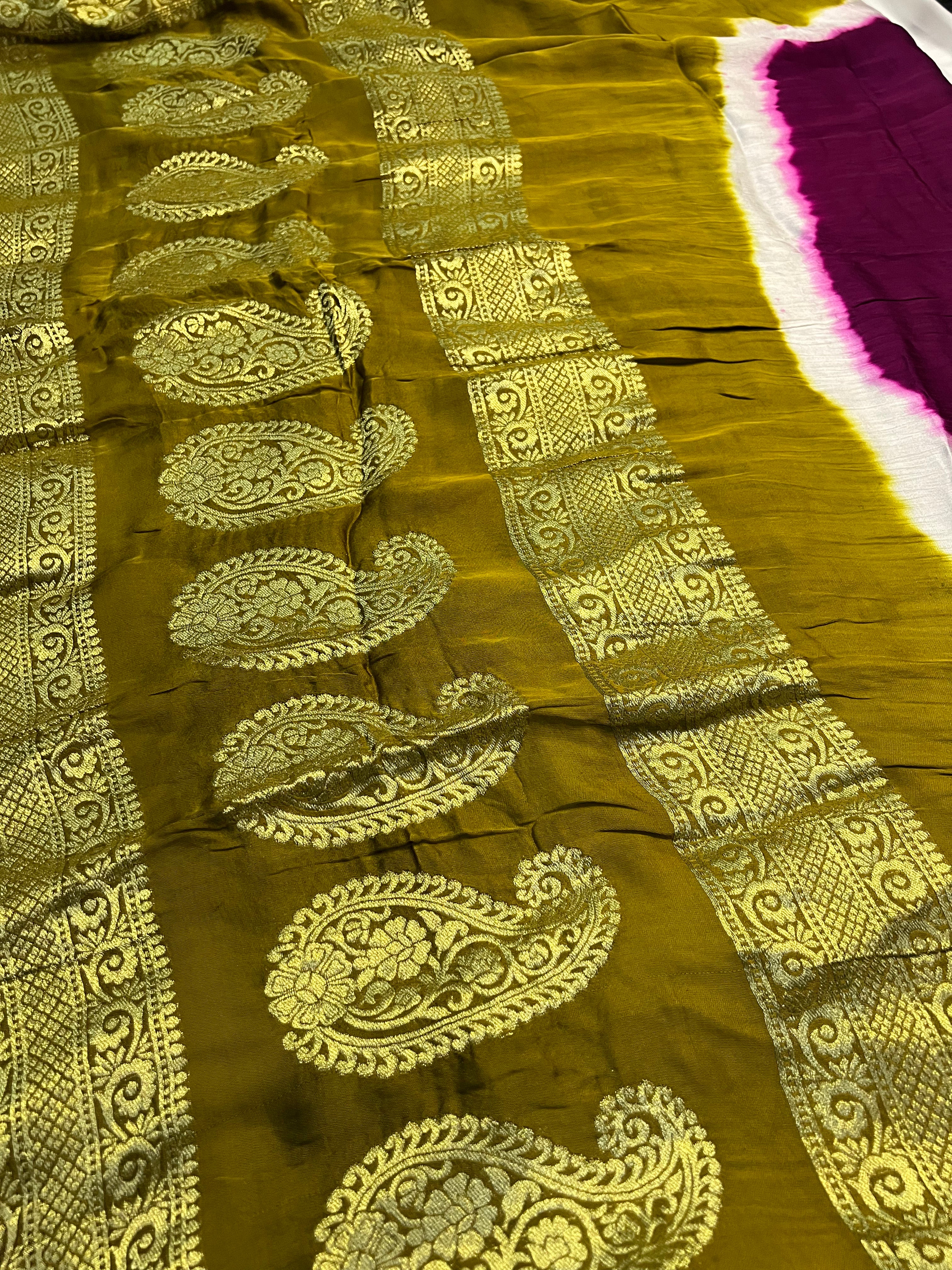 Tri-Colour (Pink, White, and Mehndi Green) Modal Gajji Silk Saree - Ethically Made, Unique Blend - Anita Jain Fashions