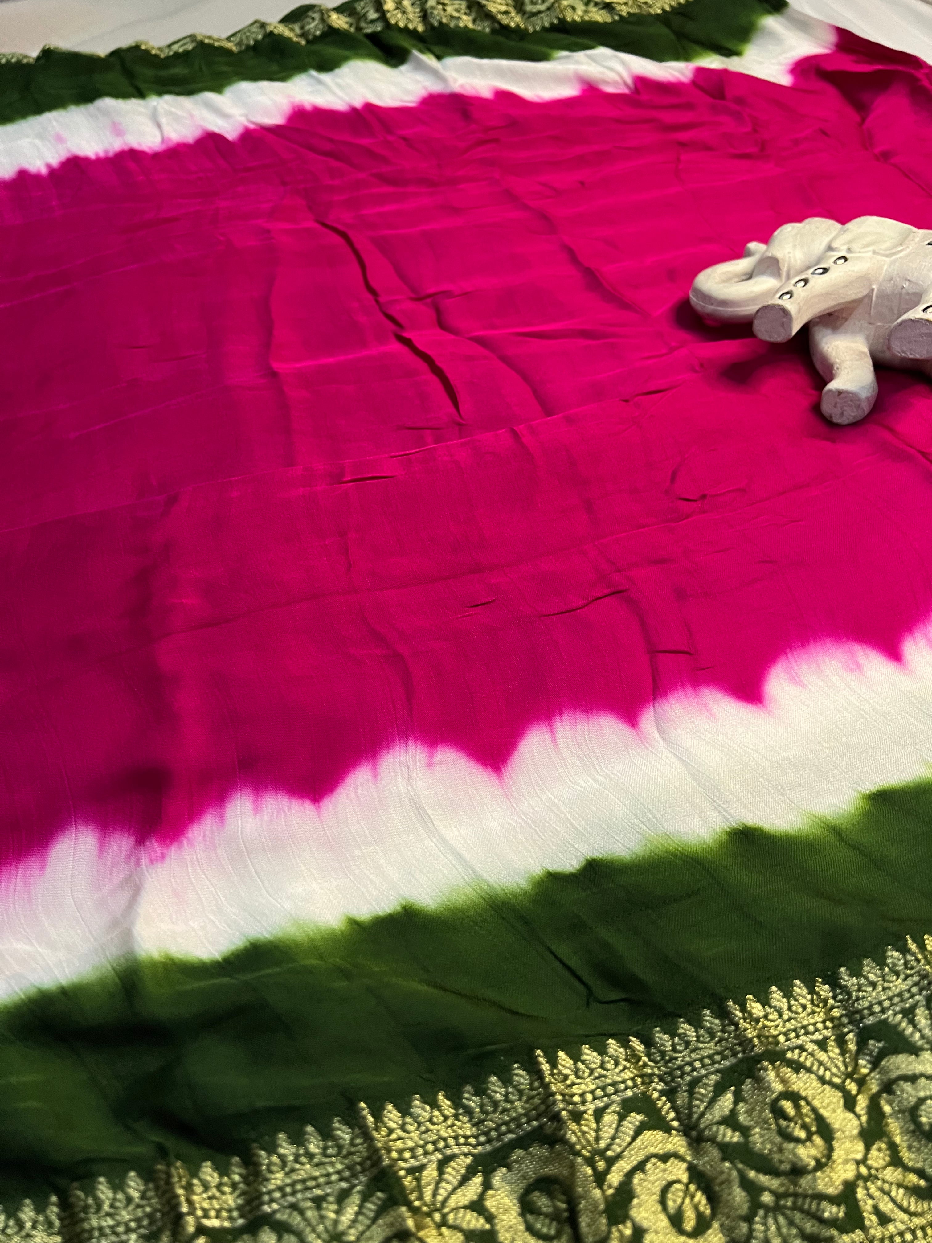 Tri-Colour (Pink, White, and Green) Modal Gajji Silk Saree - Ethically Made, Vibrant Fusion - Anita Jain Fashions