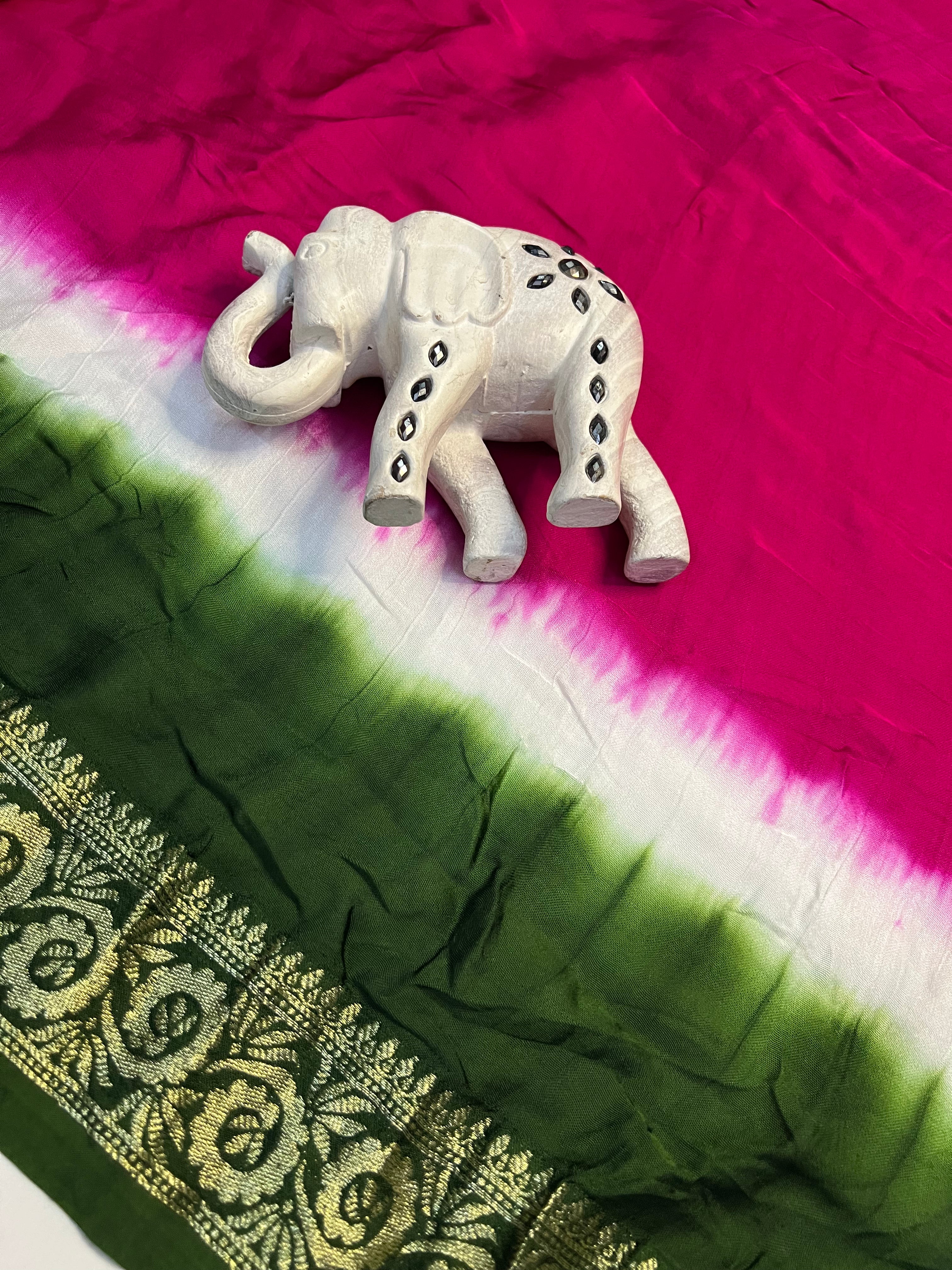 Tri-Colour (Pink, White, and Green) Modal Gajji Silk Saree - Ethically Made, Vibrant Fusion - Anita Jain Fashions