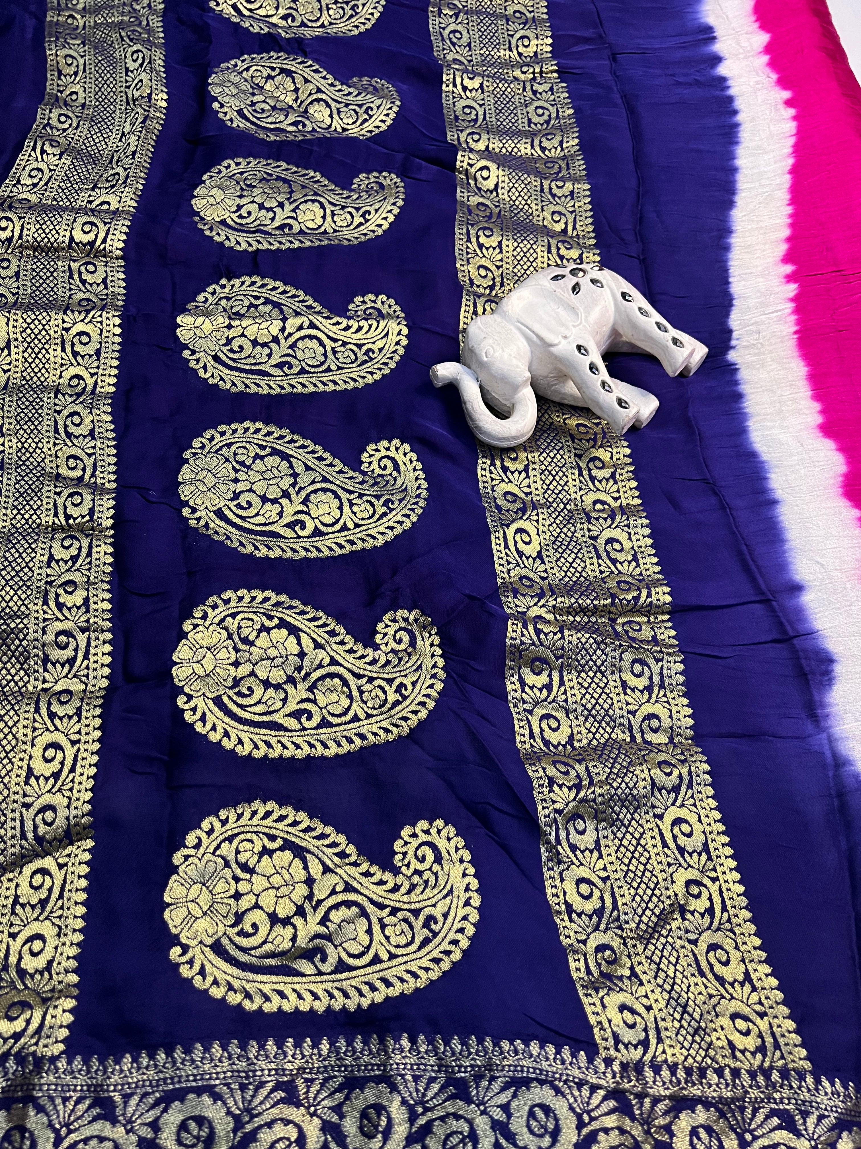 Tri-Colour (Pink, White, and Blue) Modal Gajji Silk Saree - Ethically Made, Vibrant Blend - Anita Jain Fashions