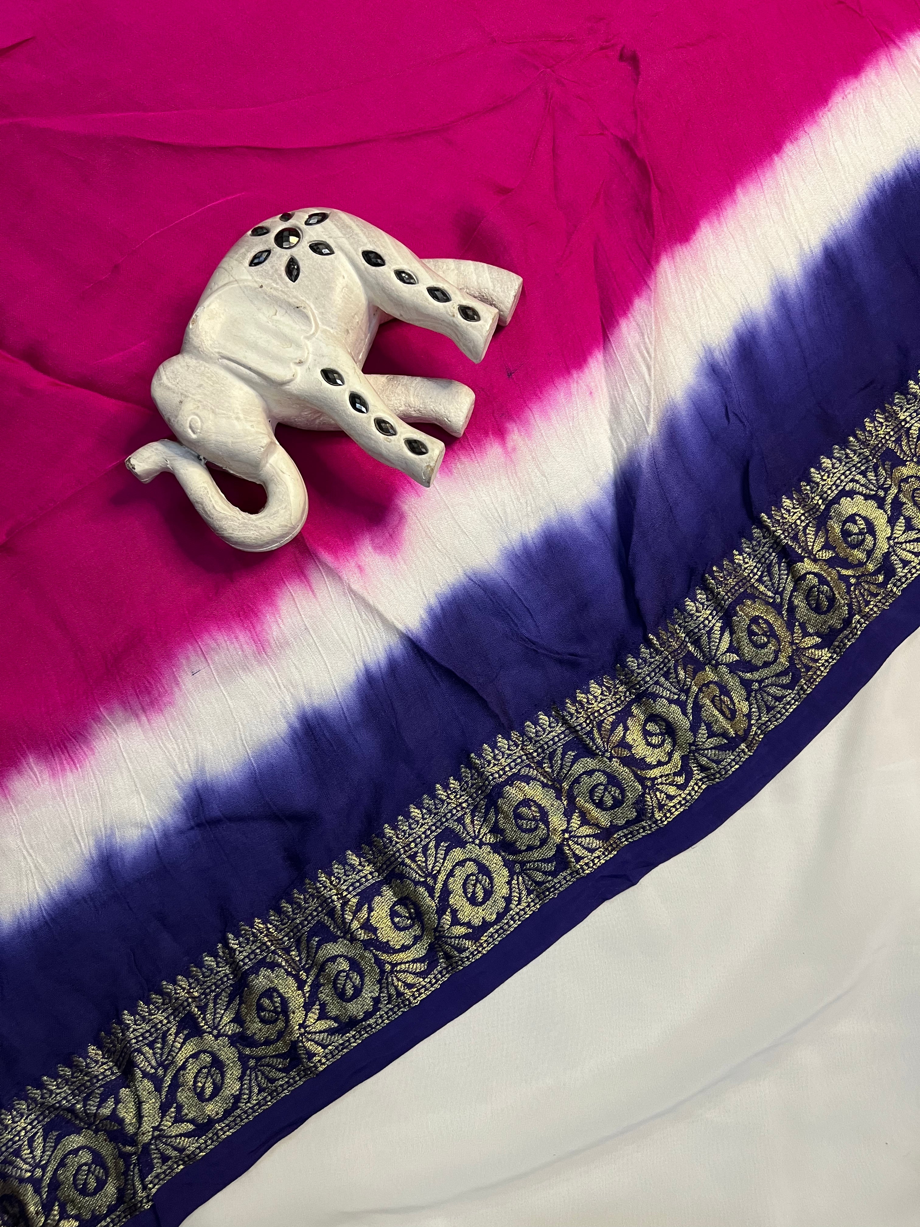 Tri-Colour (Pink, White, and Blue) Modal Gajji Silk Saree - Ethically Made, Vibrant Blend - Anita Jain Fashions